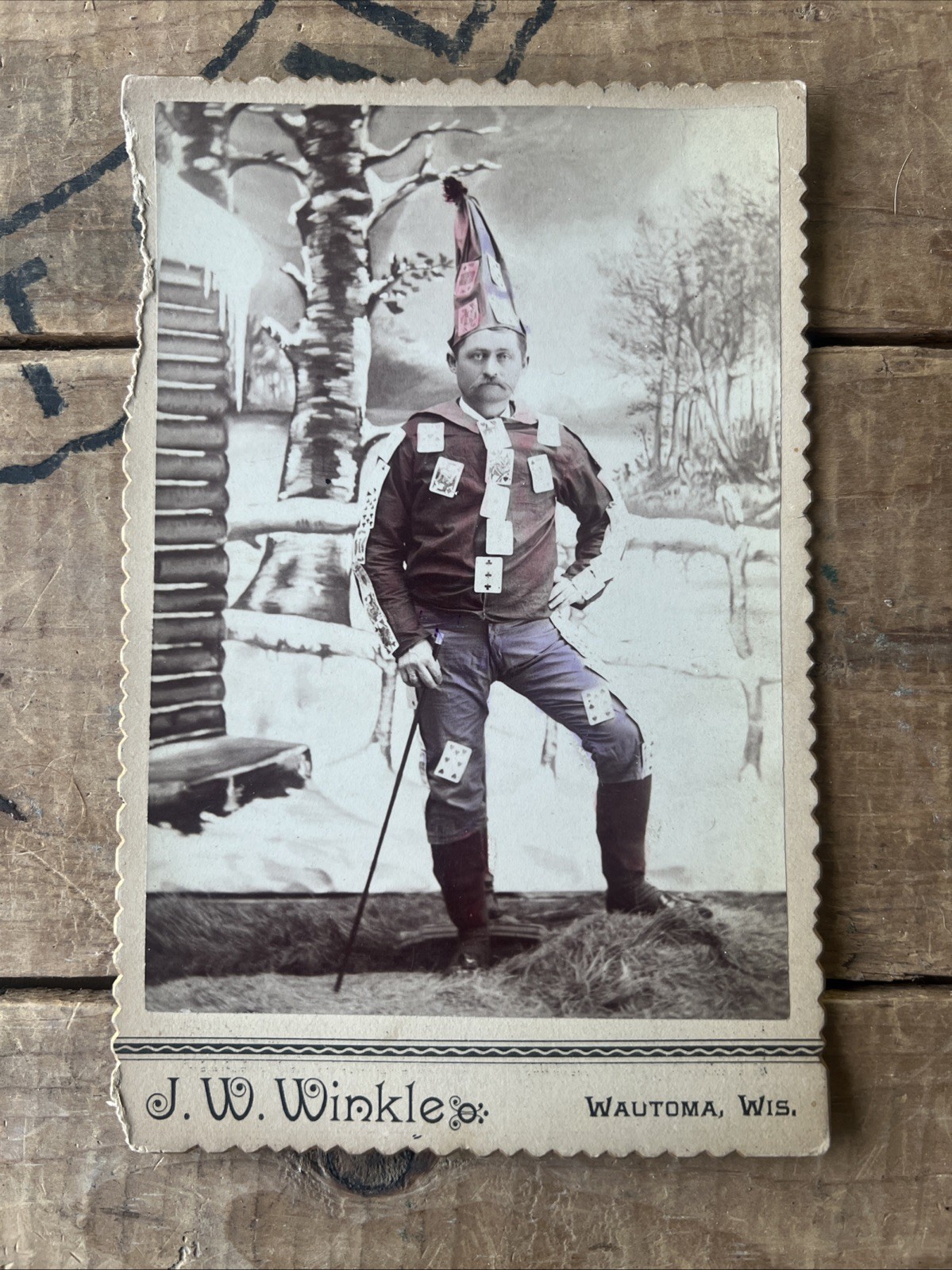 1890s Occupational Cabinet Card Playing Cards Carnival Jester King Wautoma WI