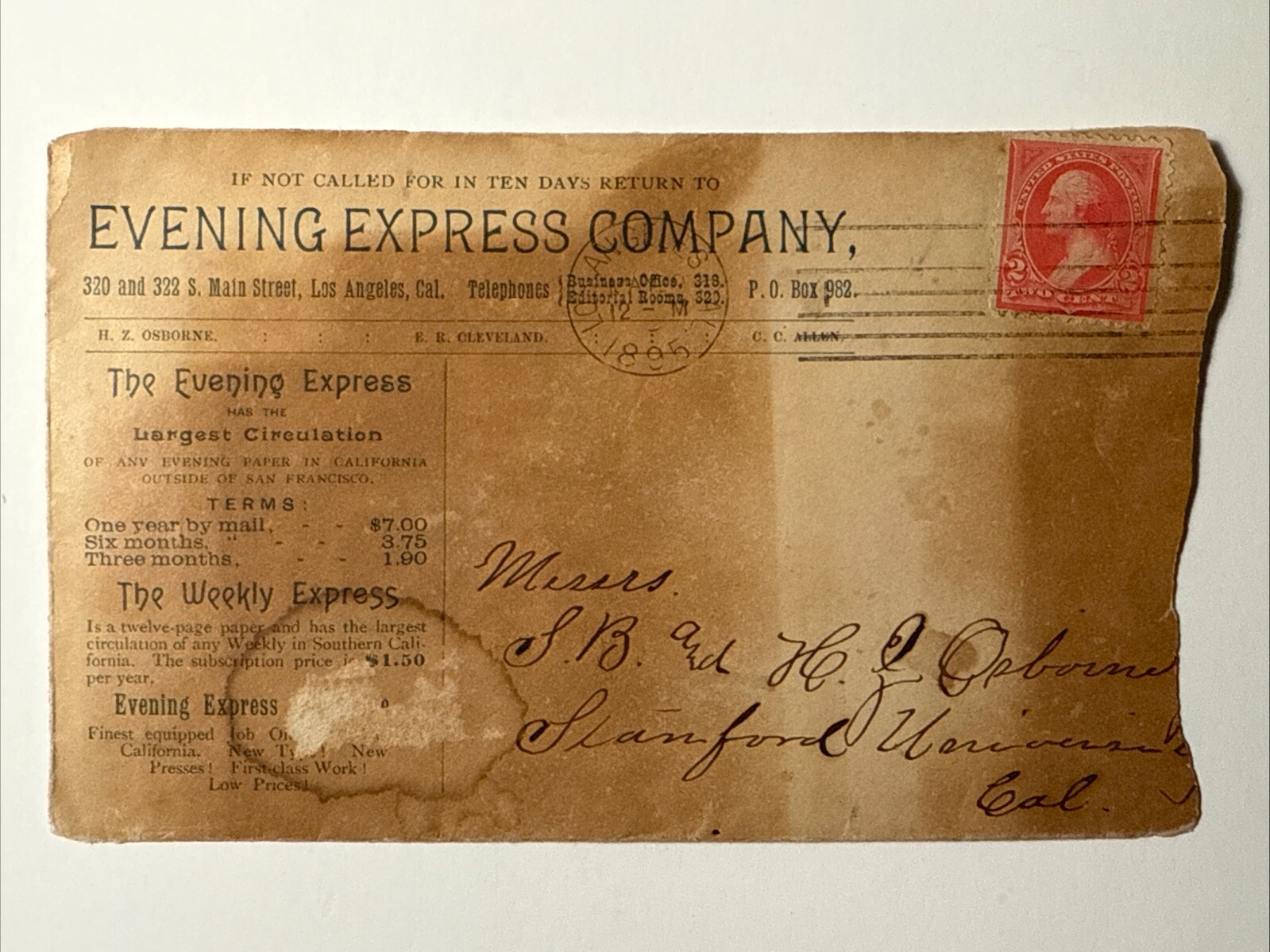 Vtg 1895 Los Angeles CA Stanford University Evening Express Co News Envelope