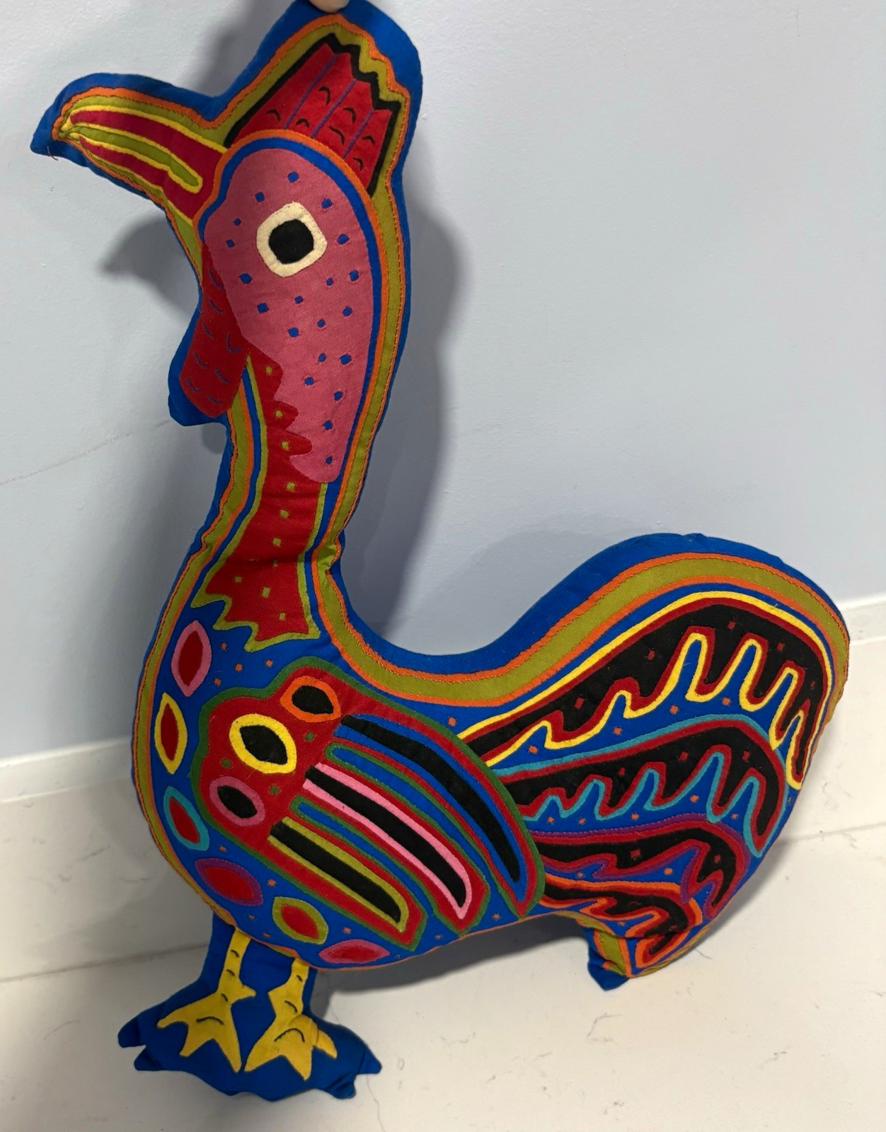 Vintage Kuna Mola Rooster Pillow Panama Folk Art Hand Stitched Textile Cushion