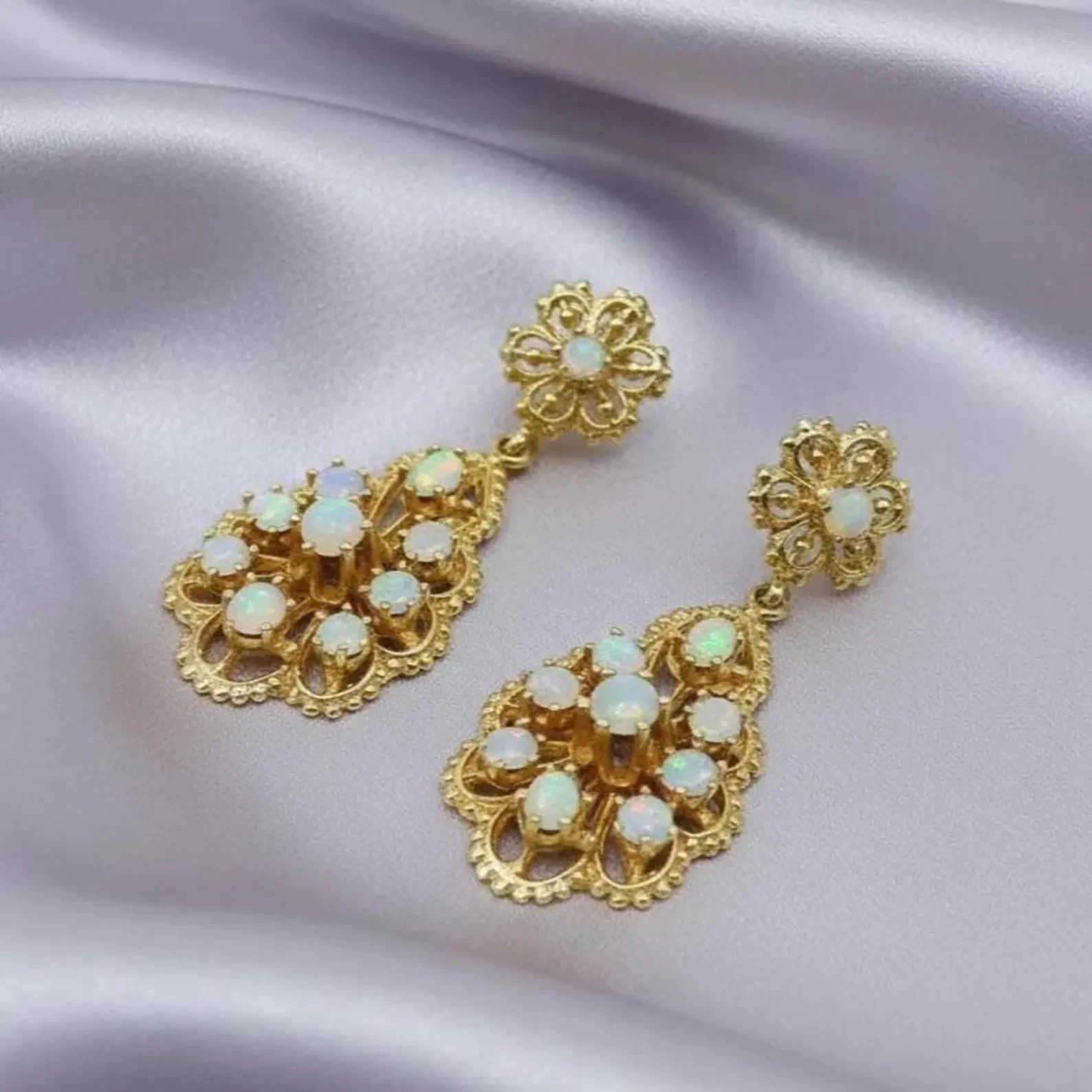 Women's Vintage Floral Opal Drop Earrings 14K Yellow Gold Over Elegant Statement