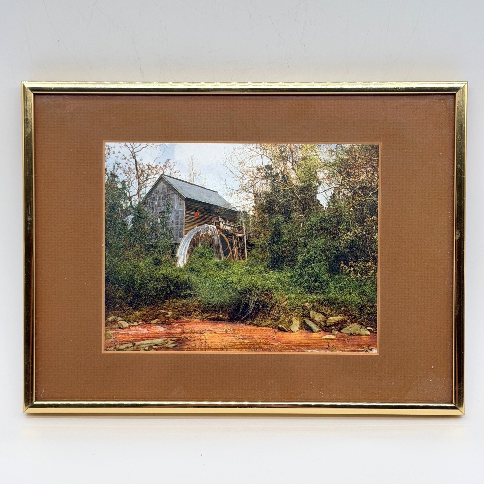 Vintage Able Art 1978 Framed Watermill Landscape Print Gold Aluminum Frame Vintage Able Art 1978 Framed Watermill Landscape Print Gold Aluminum Frame