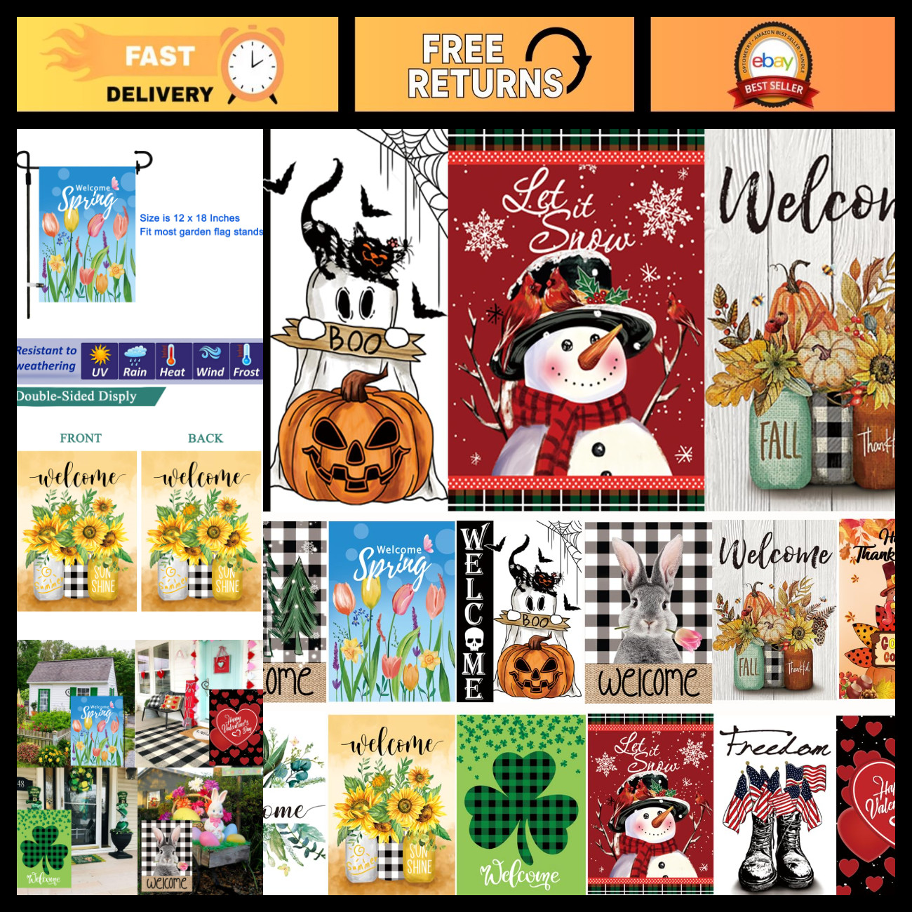 Seasonal Garden Flags Set of 12, Double Sided 12 x 18 Inch Yard Flags