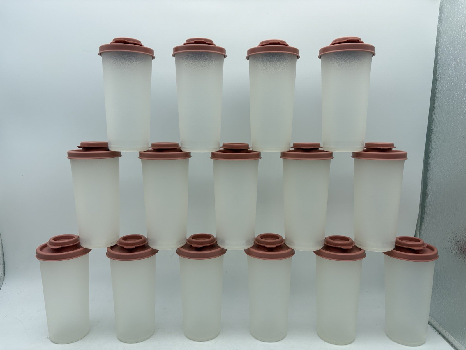 Tupperware Salt Pepper Shakers Set #1329 Flip Lids Dusty Rose Pink ORIG VTG NOS