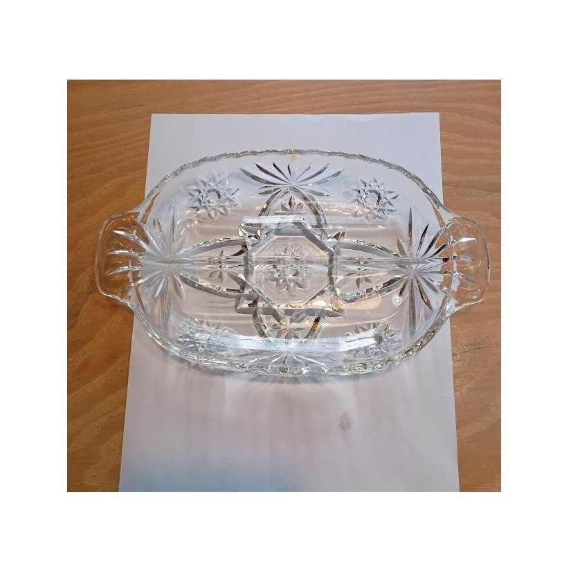 Vintage Crystal Clear Divided Relish Dish Star Pattern w/Handles 10\
