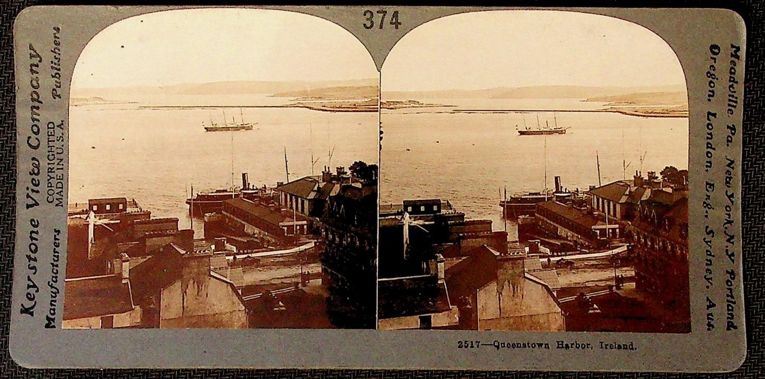 Queenstown Harbor Ireland Stereoview Keystone View Co. Curved Mount Ships