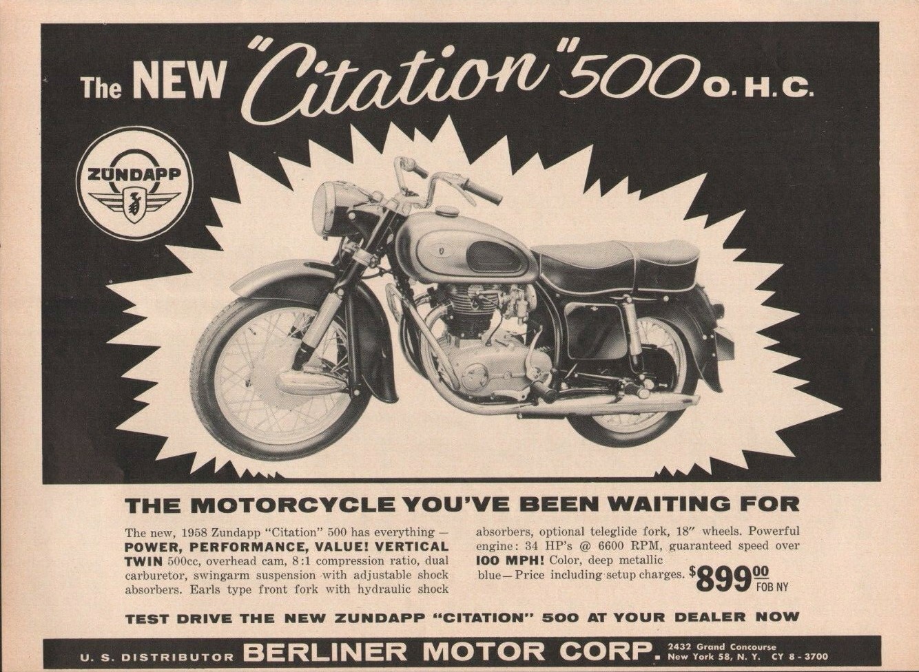 1958 Zundapp Citation 500 - Vintage Motorcycle Ad