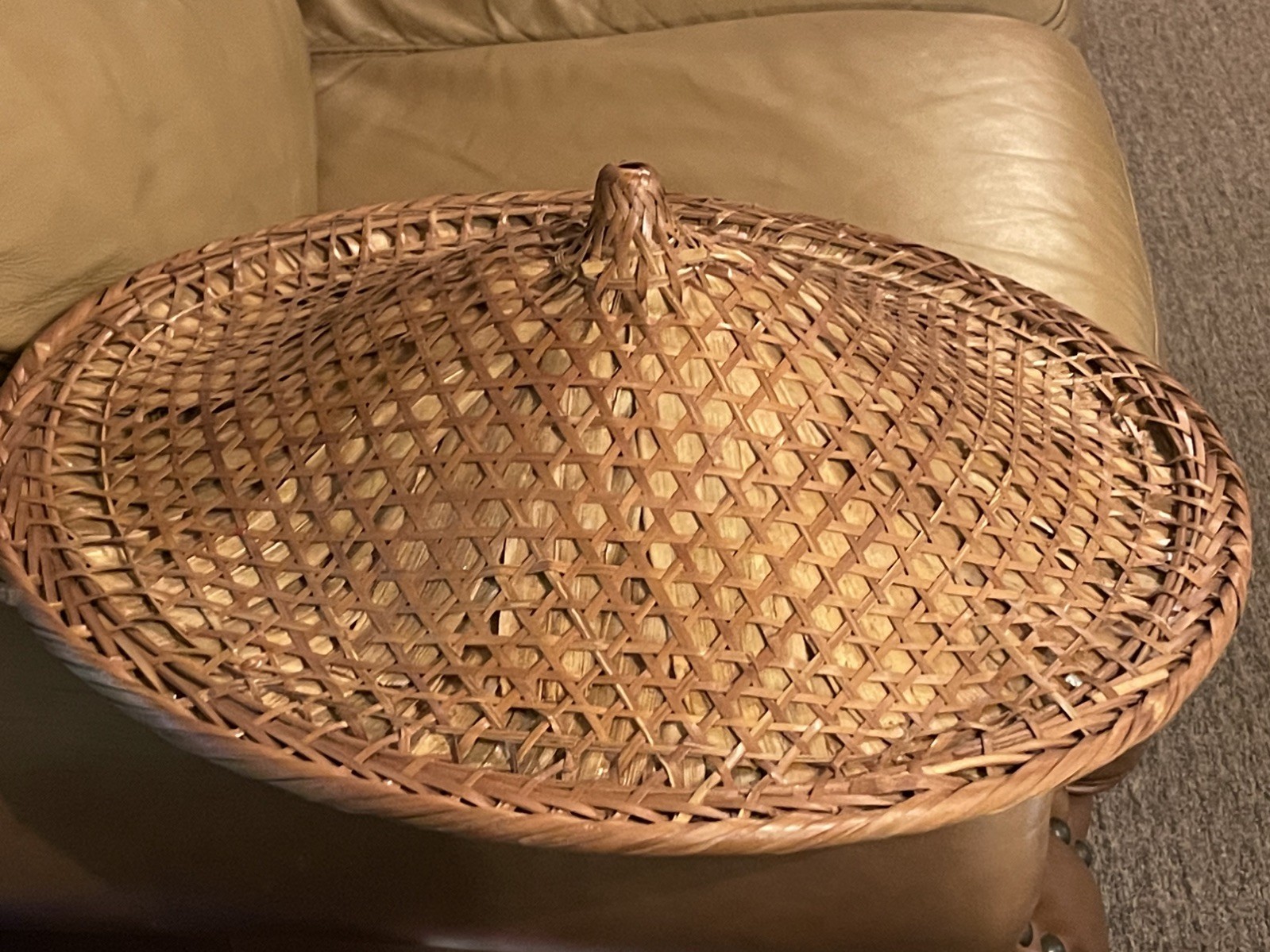 Vtg Asian Chinese Coolie Conical Hat Rice Paddy Sun Intricate Woven Bamboo 