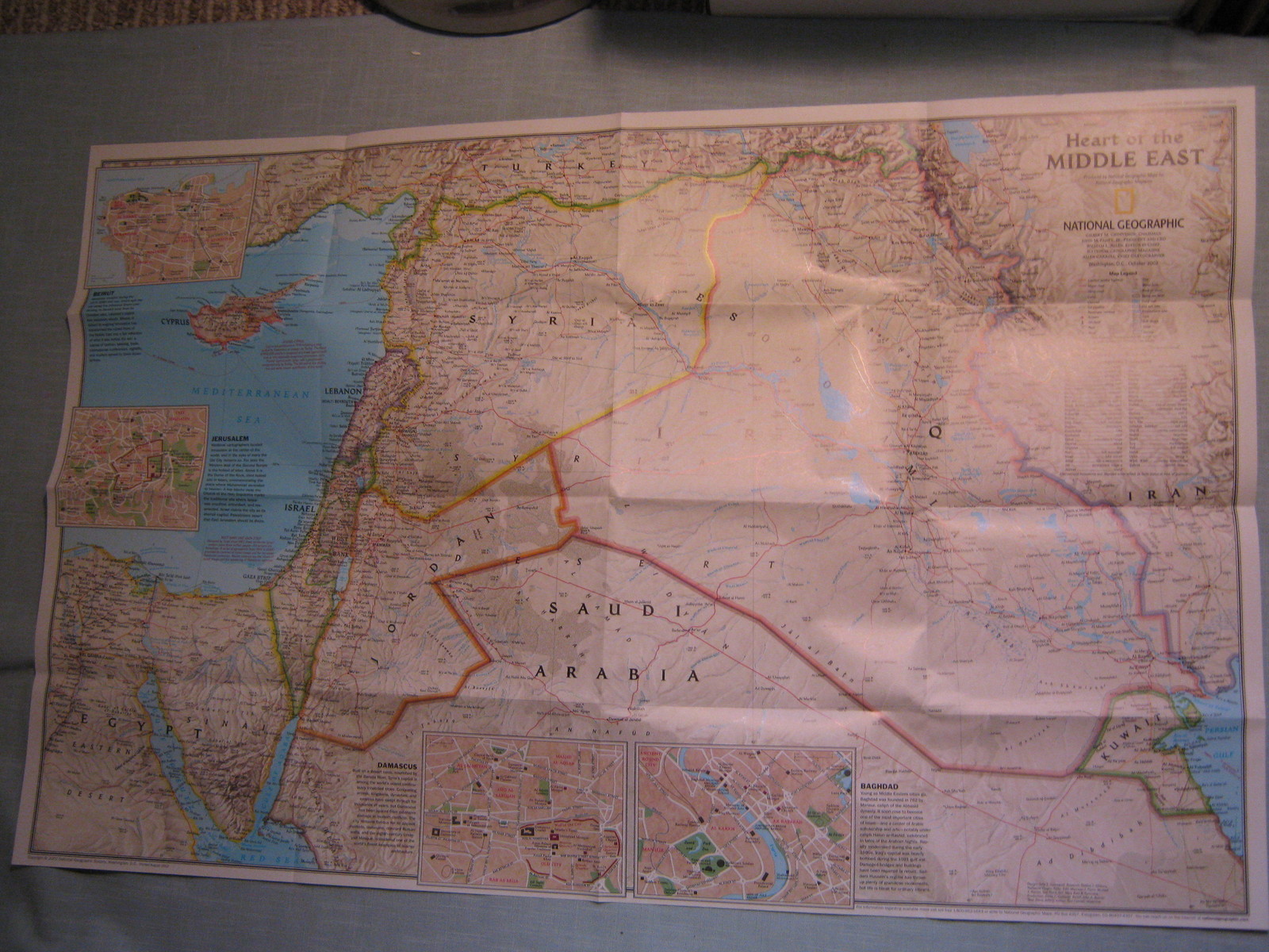 MIDDLE EAST MAP IRAQ SYRIA JORDAN ISRAEL National Geographic October 2002 