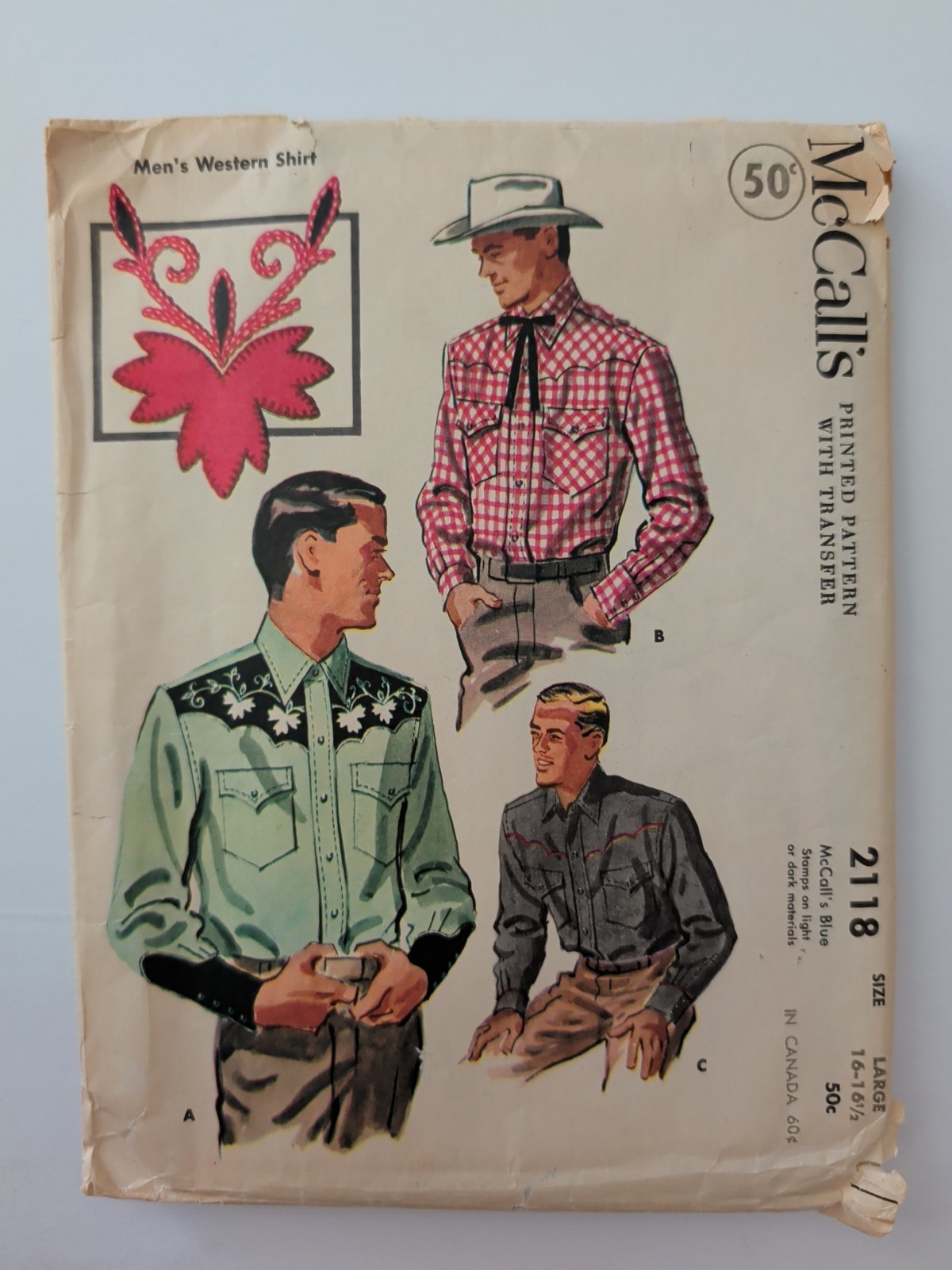 Vtg 1950s McCalls 2118 Men Western Shirt SZ Large 16-16 1/2 Complete w/Transfer
