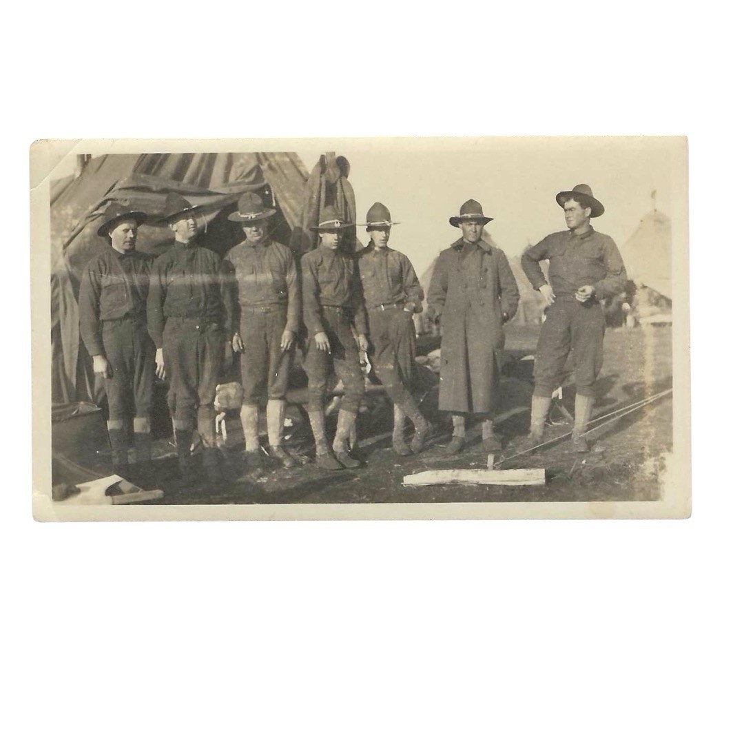Vintage Snapshot Photo WWI Era Soldiers at Camp Wearing Campaign Hats