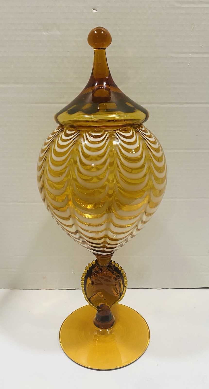Vtg Empoli Amber Art Glass Apothecary Jar Circus Tent Lid Rare Cameo Stem Draped