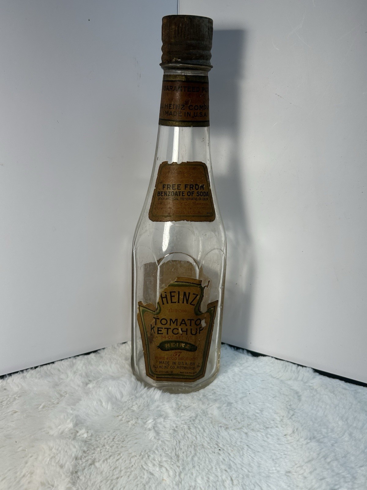 Antique 1920s Heinz Tomato Ketchup Bottle 255 Octagonal Owens Glass Rare Labels