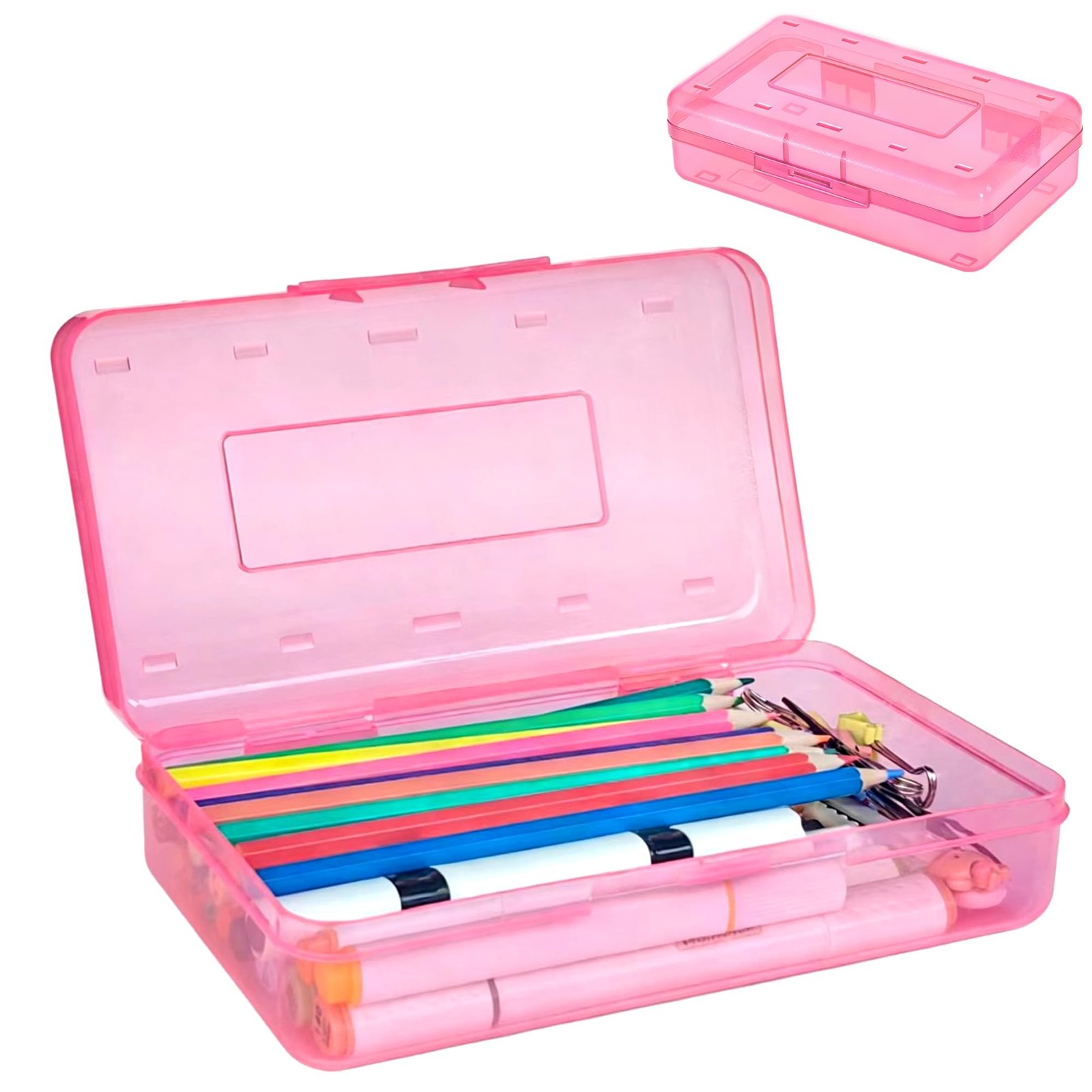 Plastic Pink Pencil Box For Girls Kids School Supplies Case Holder With Snap Lid