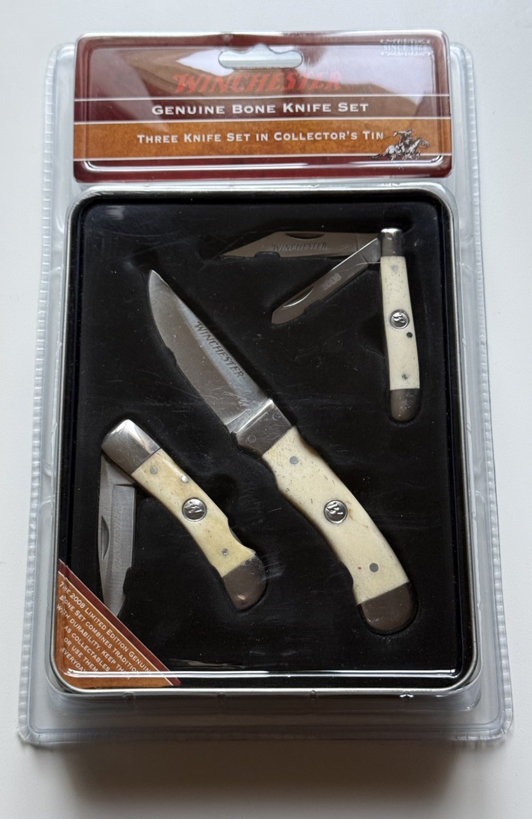 Winchester 2008 Limited Edition Genuine Bone 3 Knife Set Collector Tin NEW