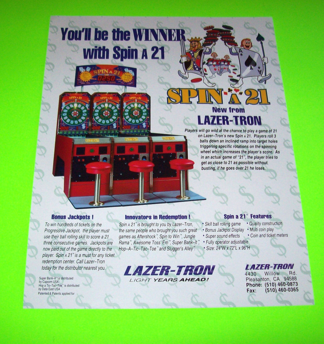 SPIN A 21 ORIGINAL NOS REDEMPTION GAME MACHINE SALE FLYER 