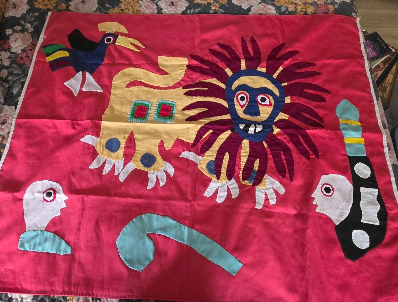 Vintage West Africa FON Appliqué Lion King Patchwork Hand Sewn Textile Tapestry