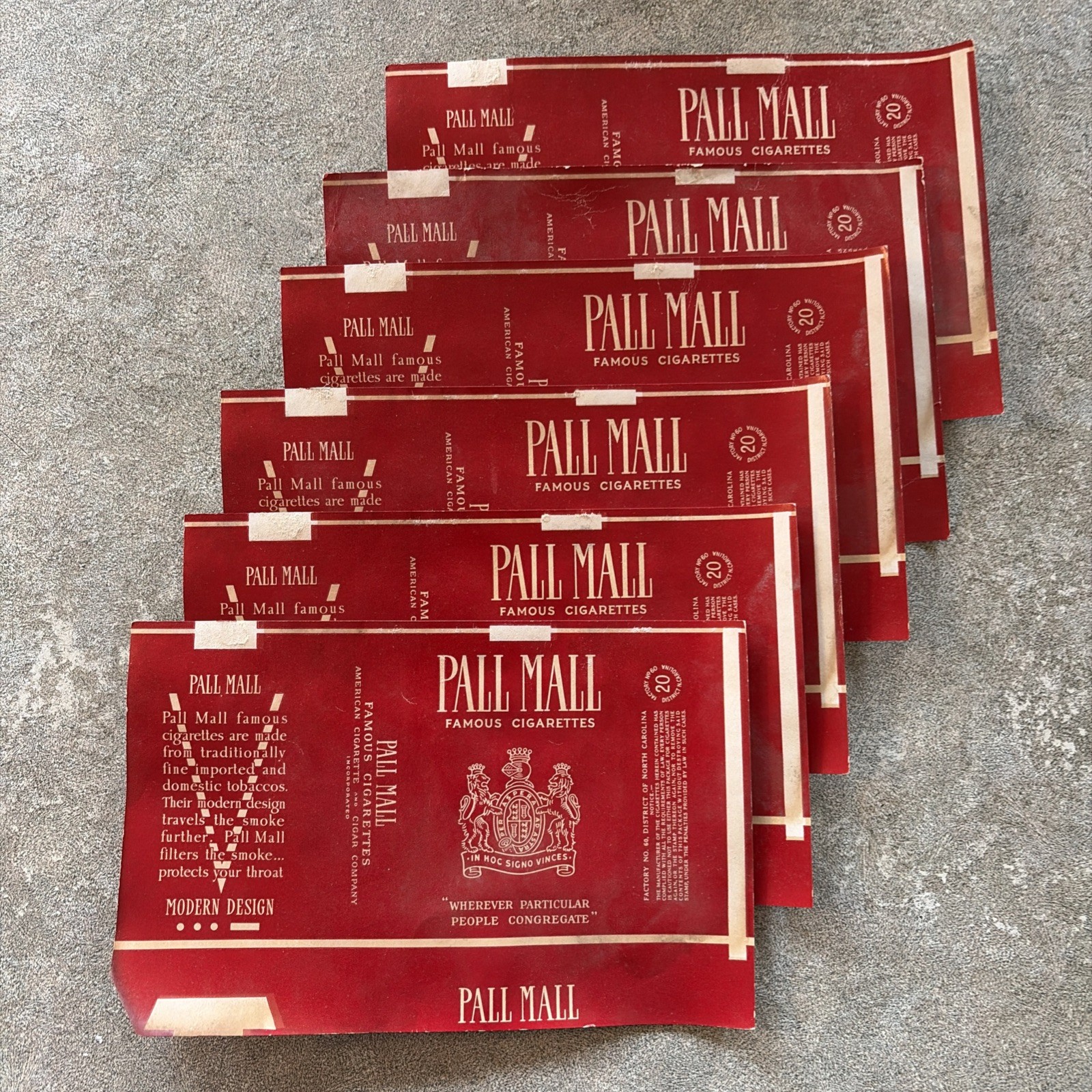Vtg 1940s Era Empty Cigarette Wrappers Only For Pall Mall Famous Cigg Lot Of 6