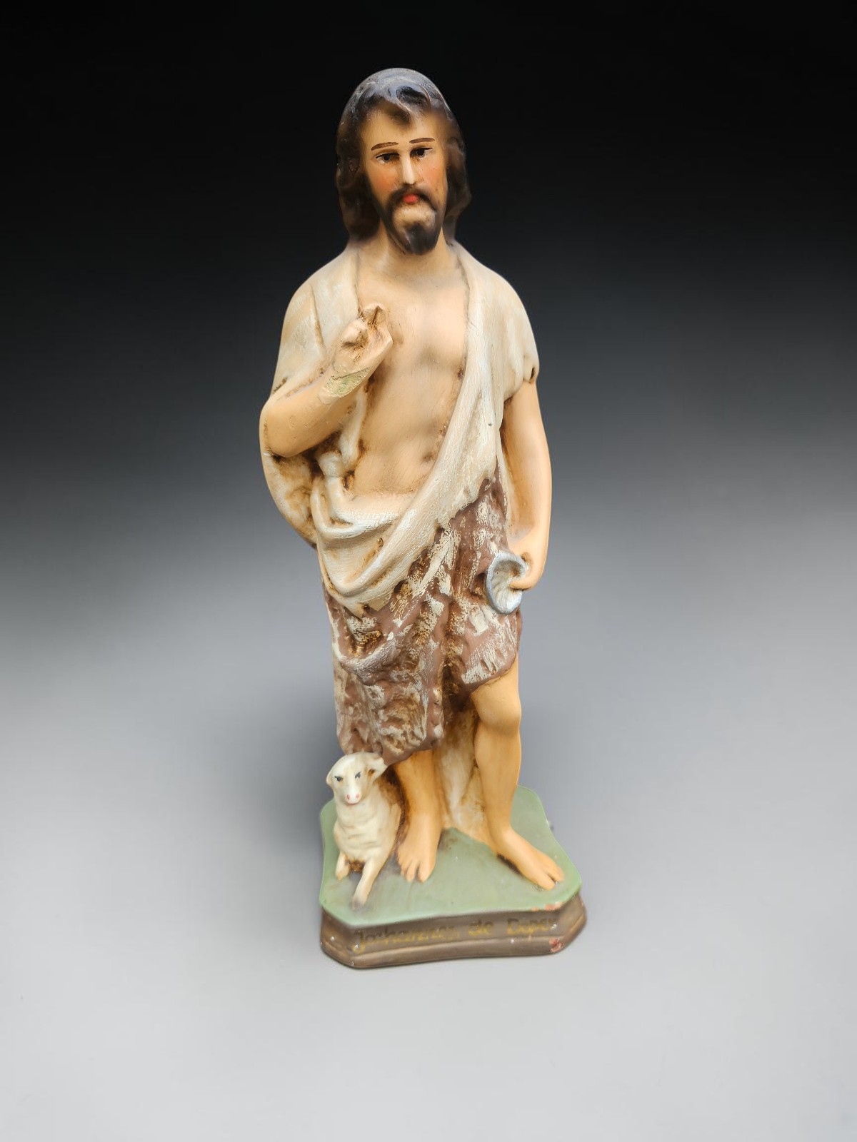 Vintage chalk statue Of saint John the Baptist with lamb religious