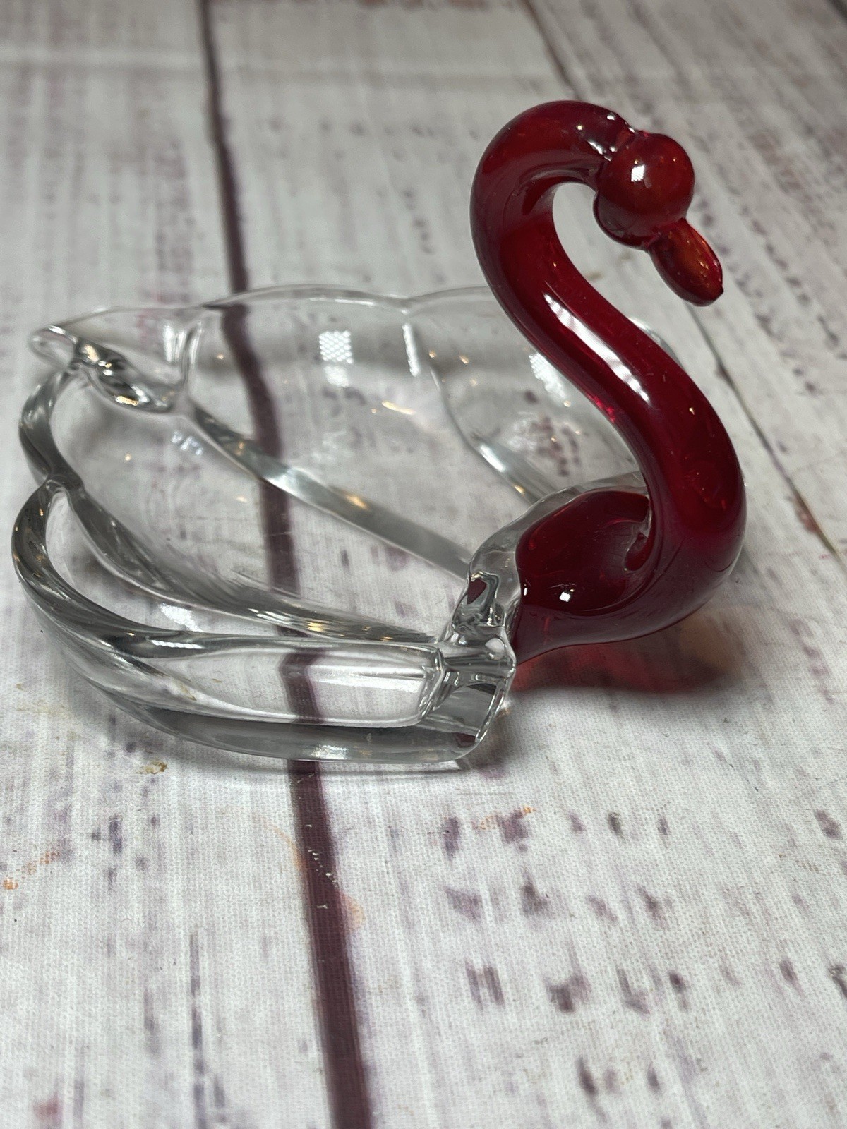 Vintage Ruby Red Head & Neck w/ Clear Body Art Glass Swan Dish Ashtray