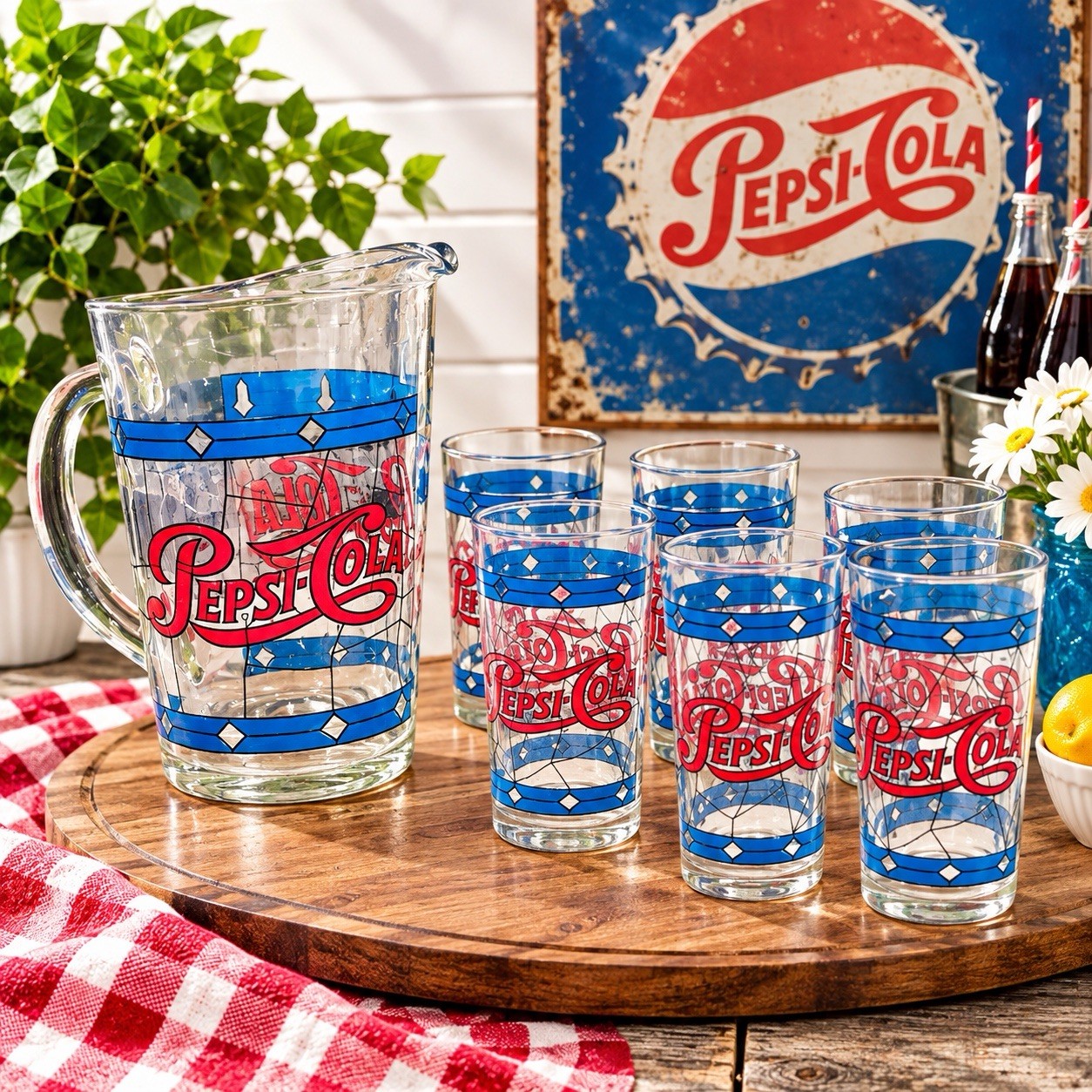 Vintage 1970s Pepsi Cola Pitcher & 6 Glasses Tiffany Style 12 Oz Barware Set