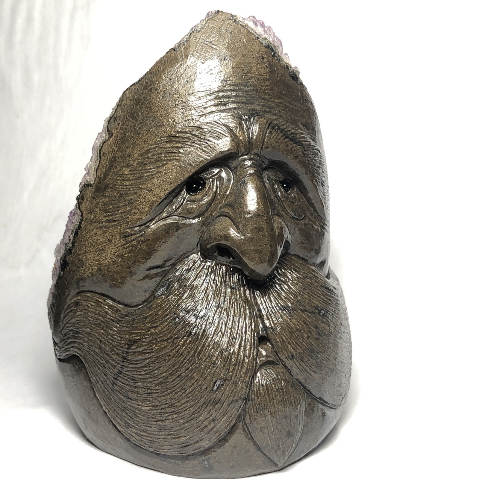 Amethyst Bearded Tree Man with Quartz Hand Carved Signed One of a Kind Art.
