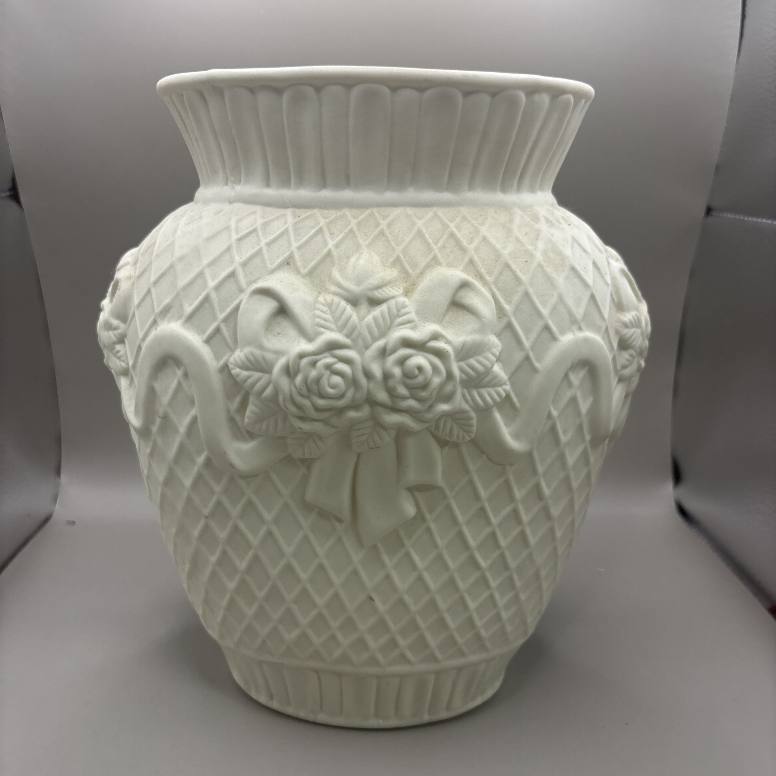Vintage Ivory Ceramic Vase Embossed Floral Rose Basketweave Pattern Home Decor