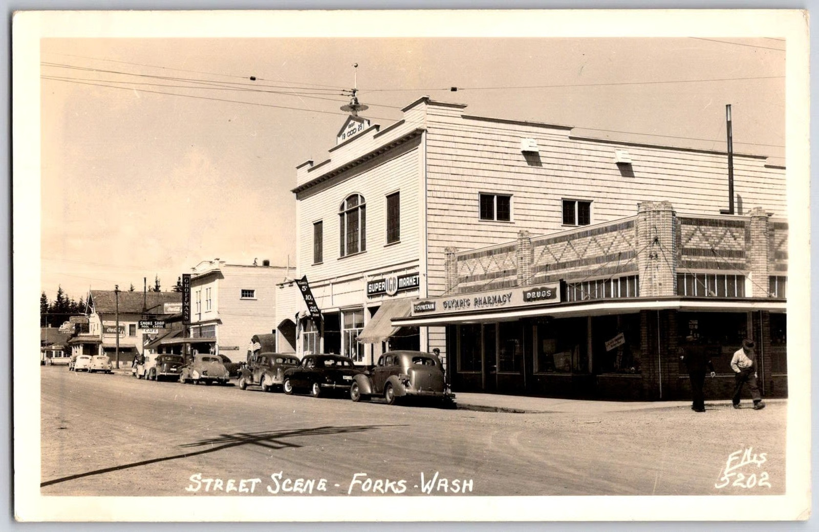 Street Scene Forks WA, Olympic Pharmacy, Super IGA Market, RPPC Postcard