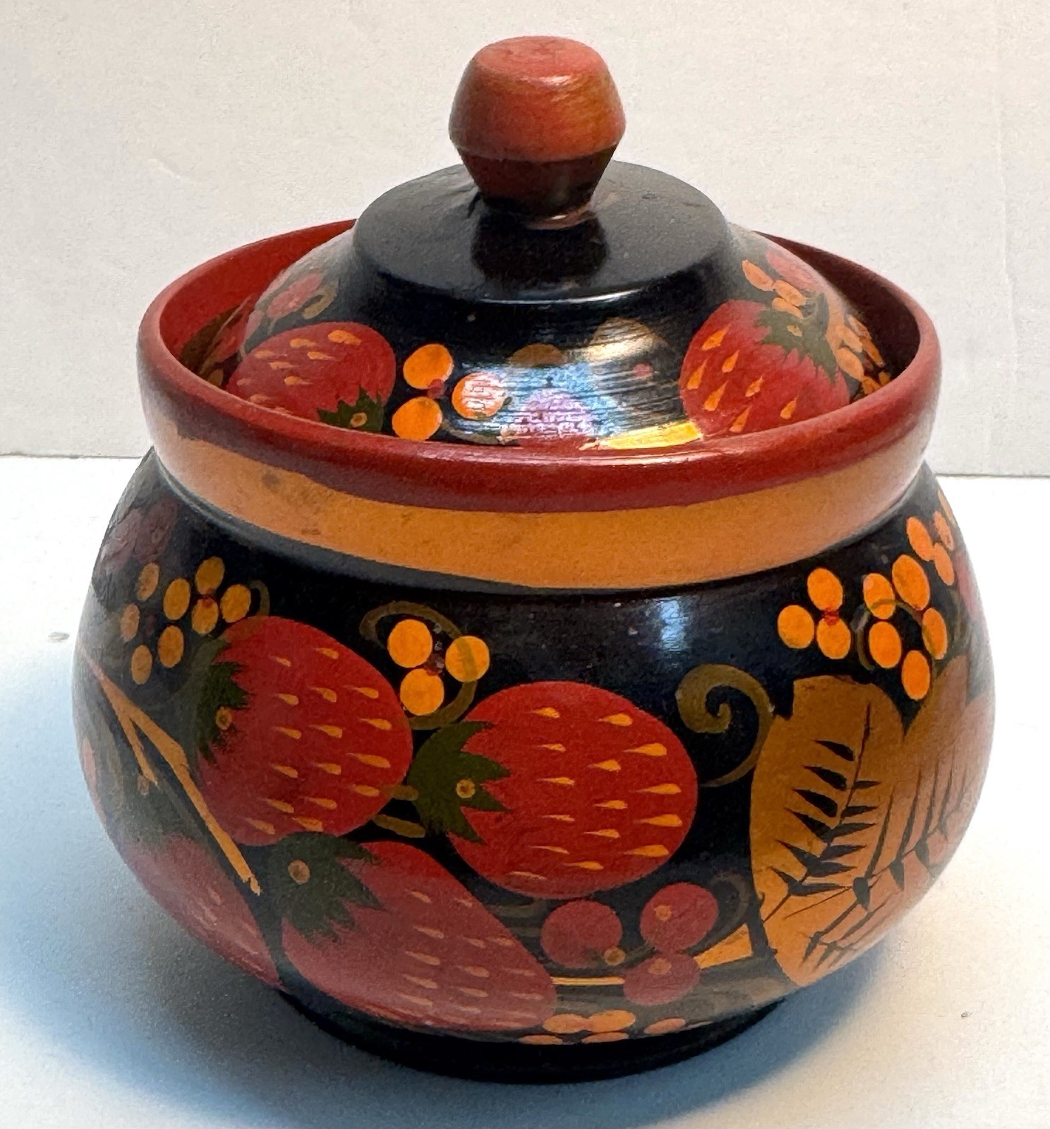 Vtg Russian Folk Art Khokhloma Sugar Bowl Handmade Hand Painted