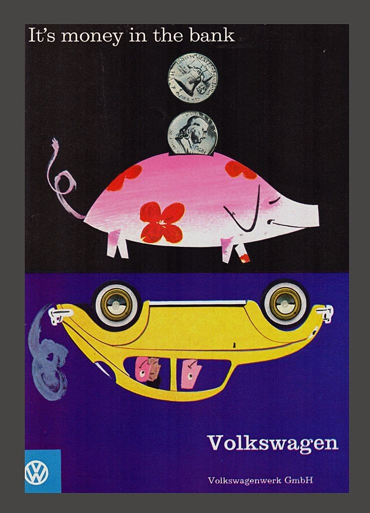 Volkswagen VW Bug Automobile Car Advertisement Piggy Bank Art 1959 Print AD