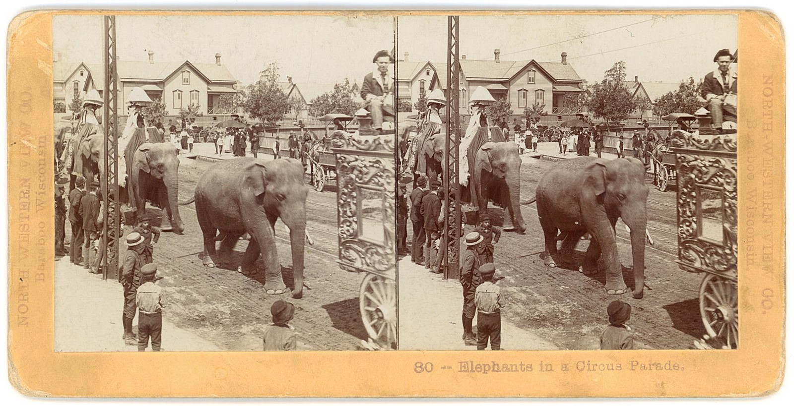 WISCONSIN STEREOVIEW - Baraboo - Circus Parade w/Elephants - Northwestern View