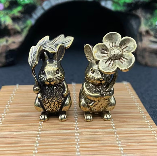 BRASS MINITURES-Brass Rabbit Ornament Set, Small Statue Ornament Leaf and Flower
