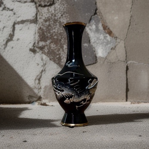 Japanese Black Lacquered Moriage Dragonware Vase 7.5”