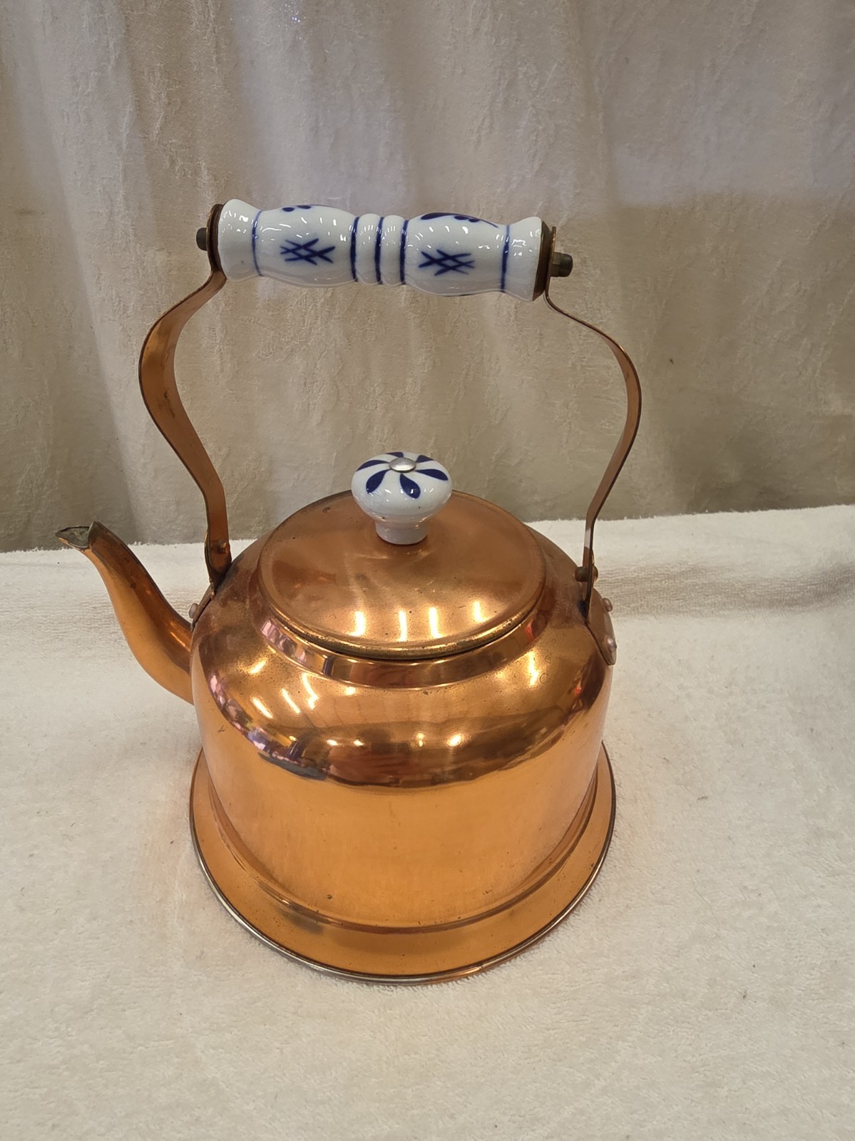 Vintage Price Products Copper Tea Kettle Blue White Porcelain Handle Taiwan