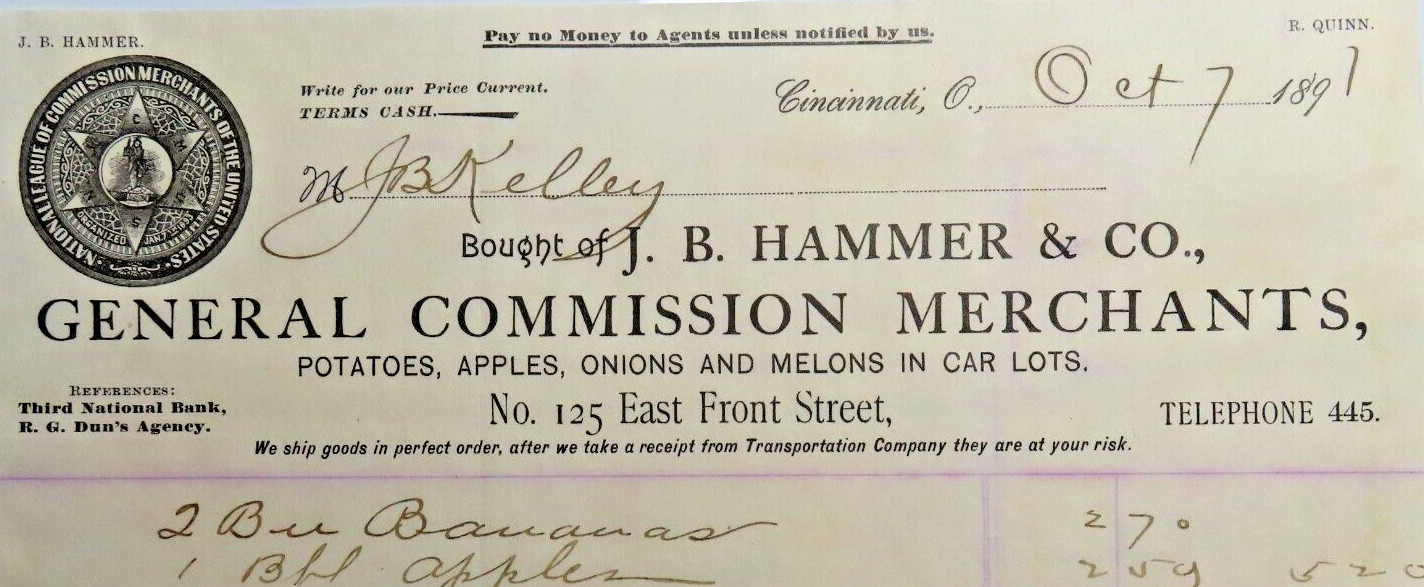 Vintage BILLHEAD*1891 J B HAMMER & CO*apples onions melons*CINCINNATI OH *S26