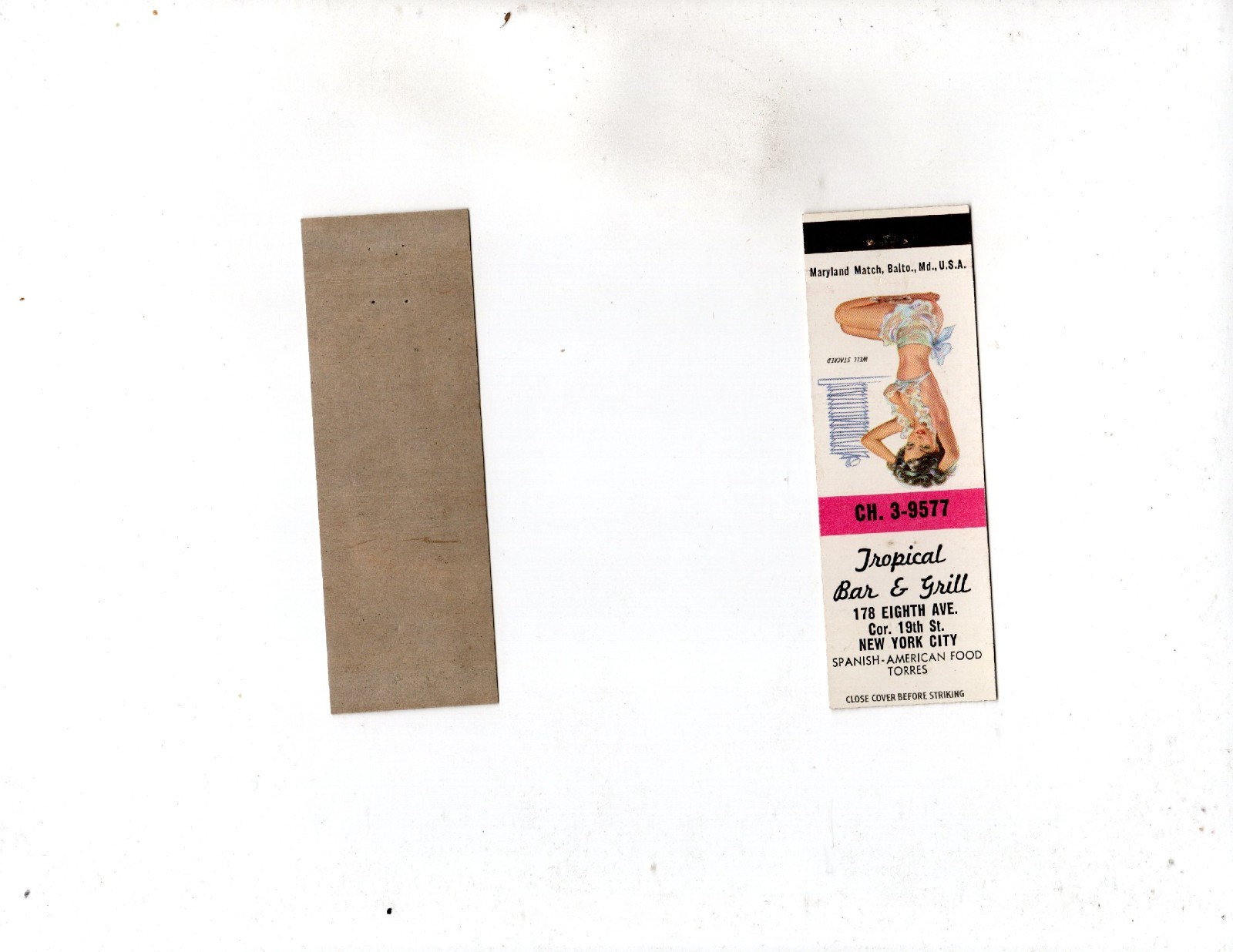Vintage Matchcover  Tropical Bar & Grill New York City Pinup