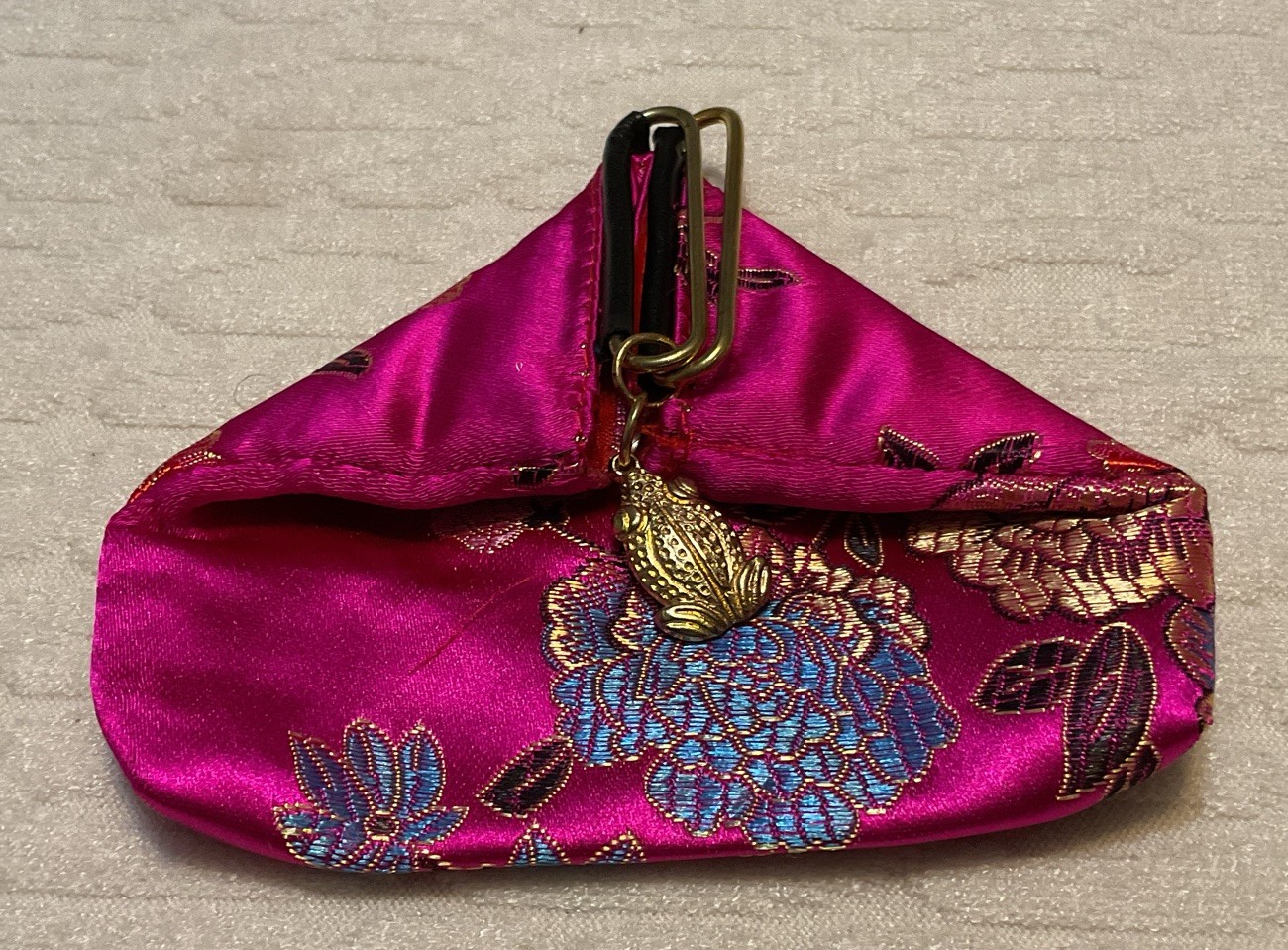 Vintage Drawstring Silk Brocade Coin Purse Pink Satin Floral Embroidery China.