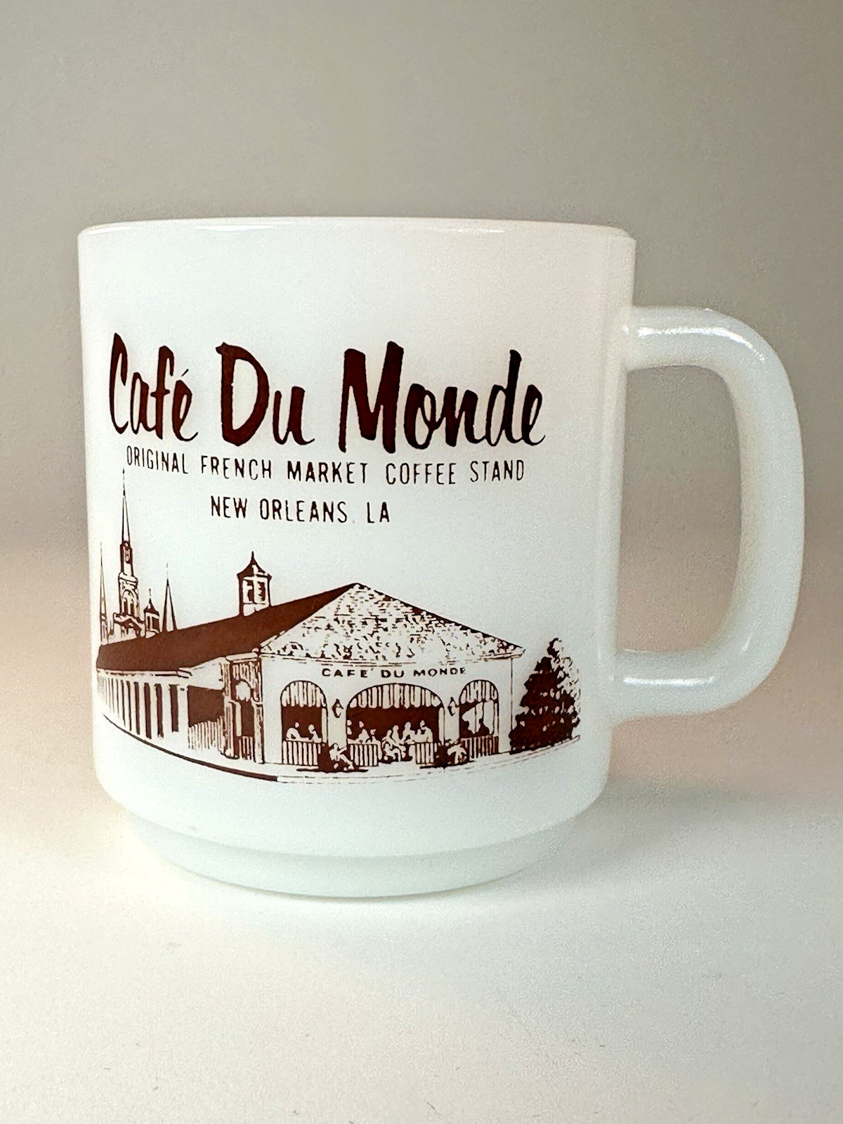Vintage Café Du Monde Milk Glass Mug 8 oz Glasbake New Orleans Souvenir 1980s