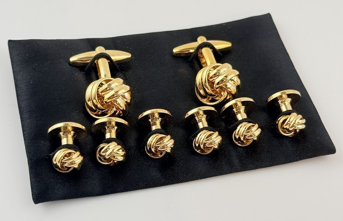 Gold Tone Knot Cufflinks 6 Studs Formal Tuxedo Shirt Dress Set Vintage