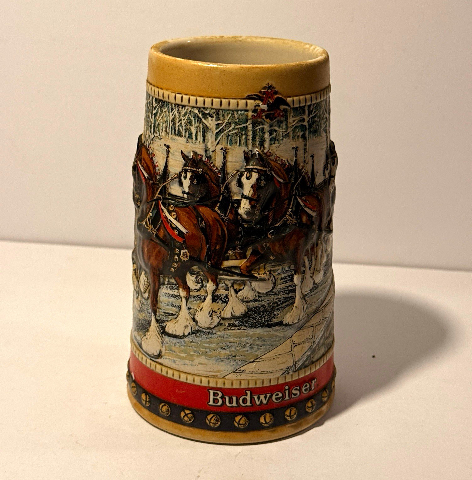 Budweiser Breweriana Beer Stein Mug w/ Handle Clydesdales Winter Wagon Scene