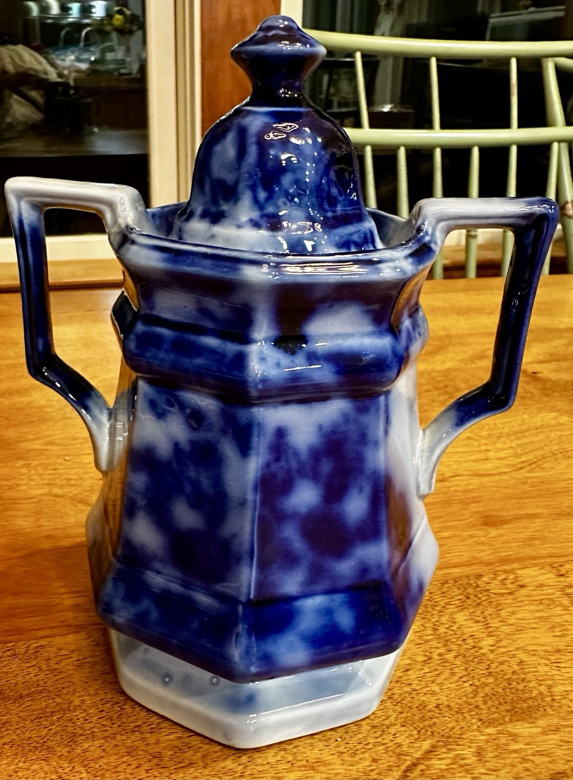 Antique Flow Blue Lidded Sugar Bowl England (tiny chip on bottom)
