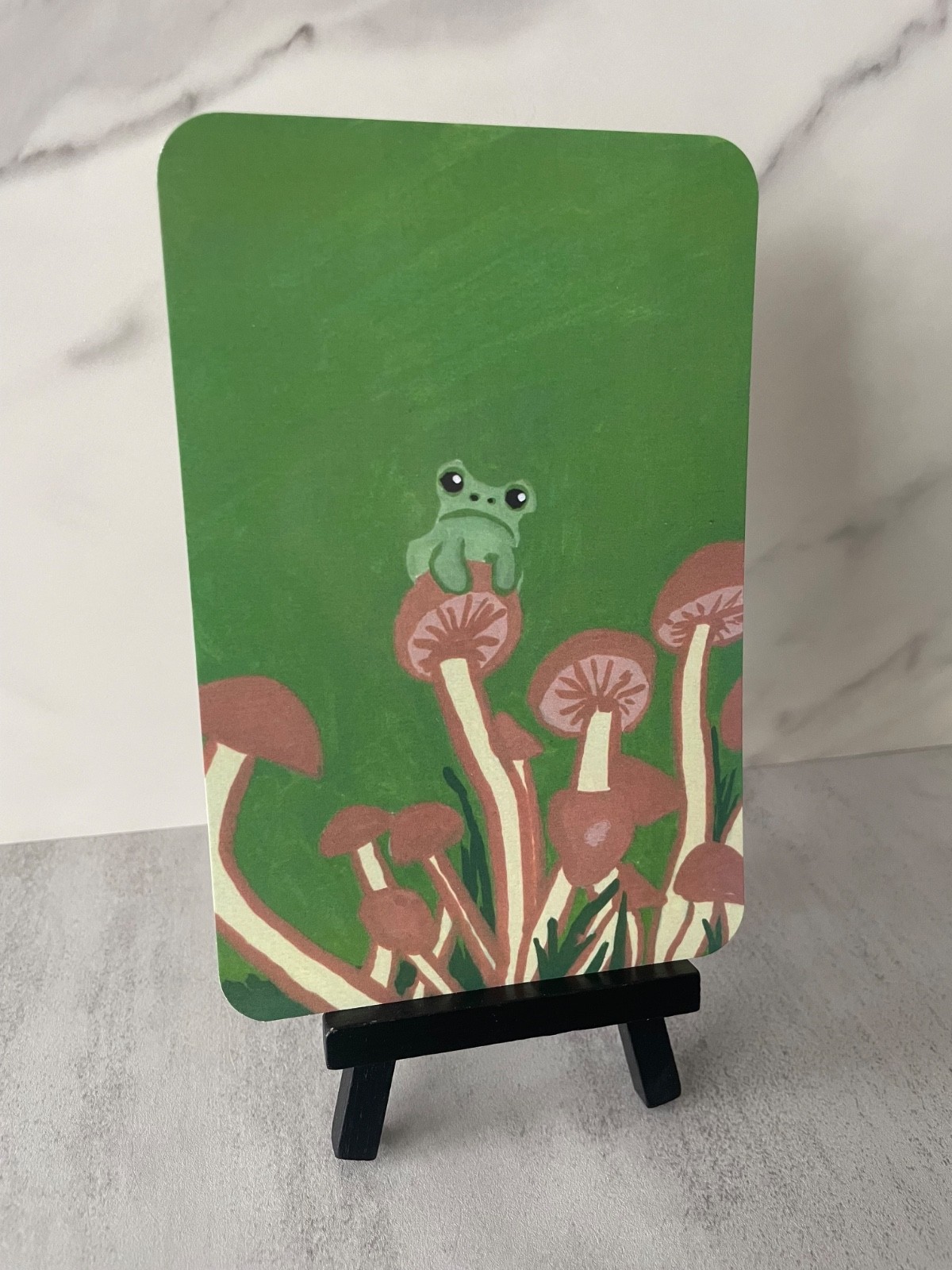 Whimsical Green Frog on Mushroom Art Print Postcard 4x6