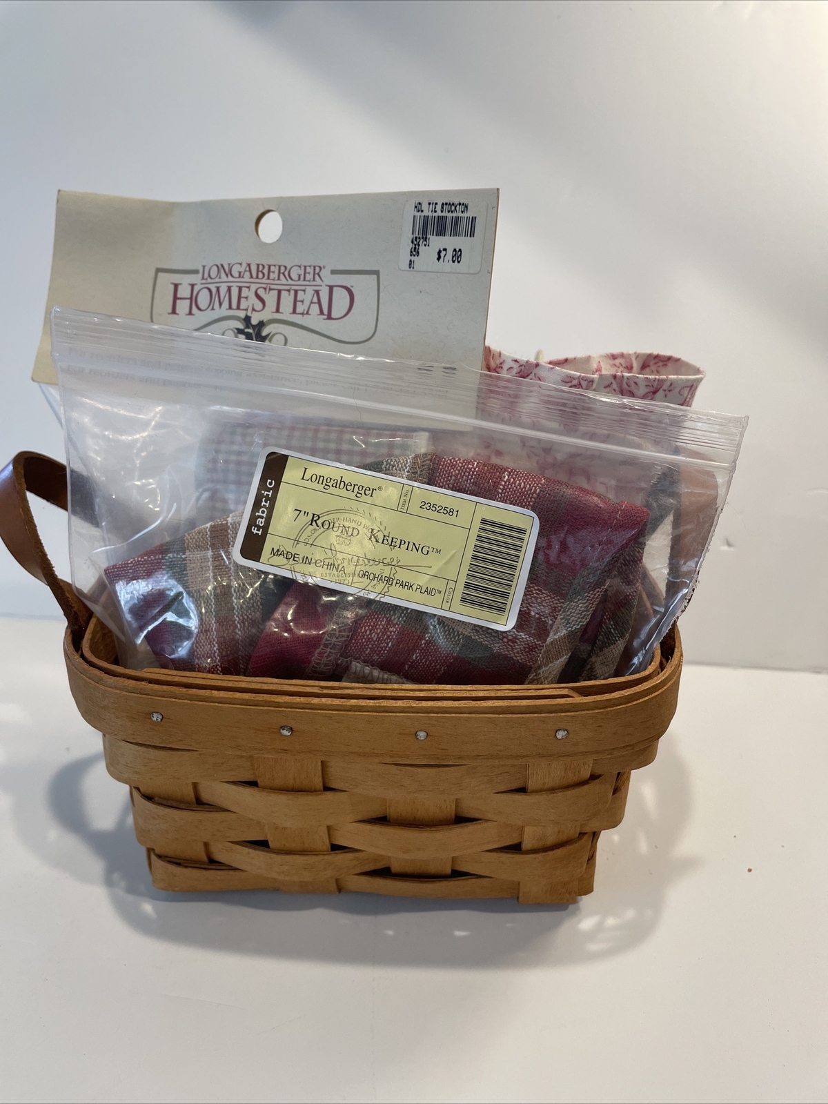 Vintage LOT Longaberger Small Basket Hope & Plaid Round Liners Handle Tie Extras