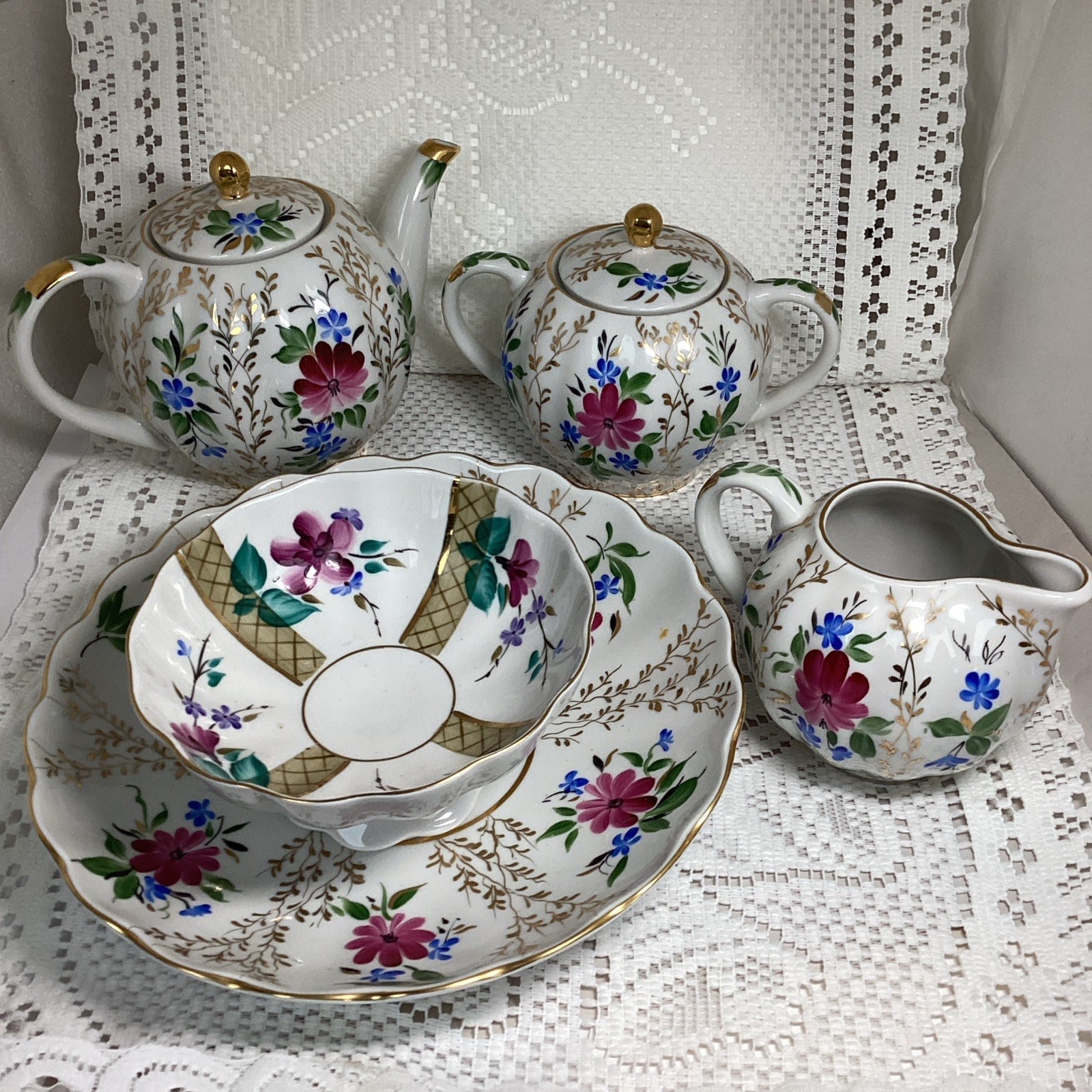 Russian ‘ Golden Grasses’ Porcelain tea Set 5 Pieces Hand Painted Lomonotov