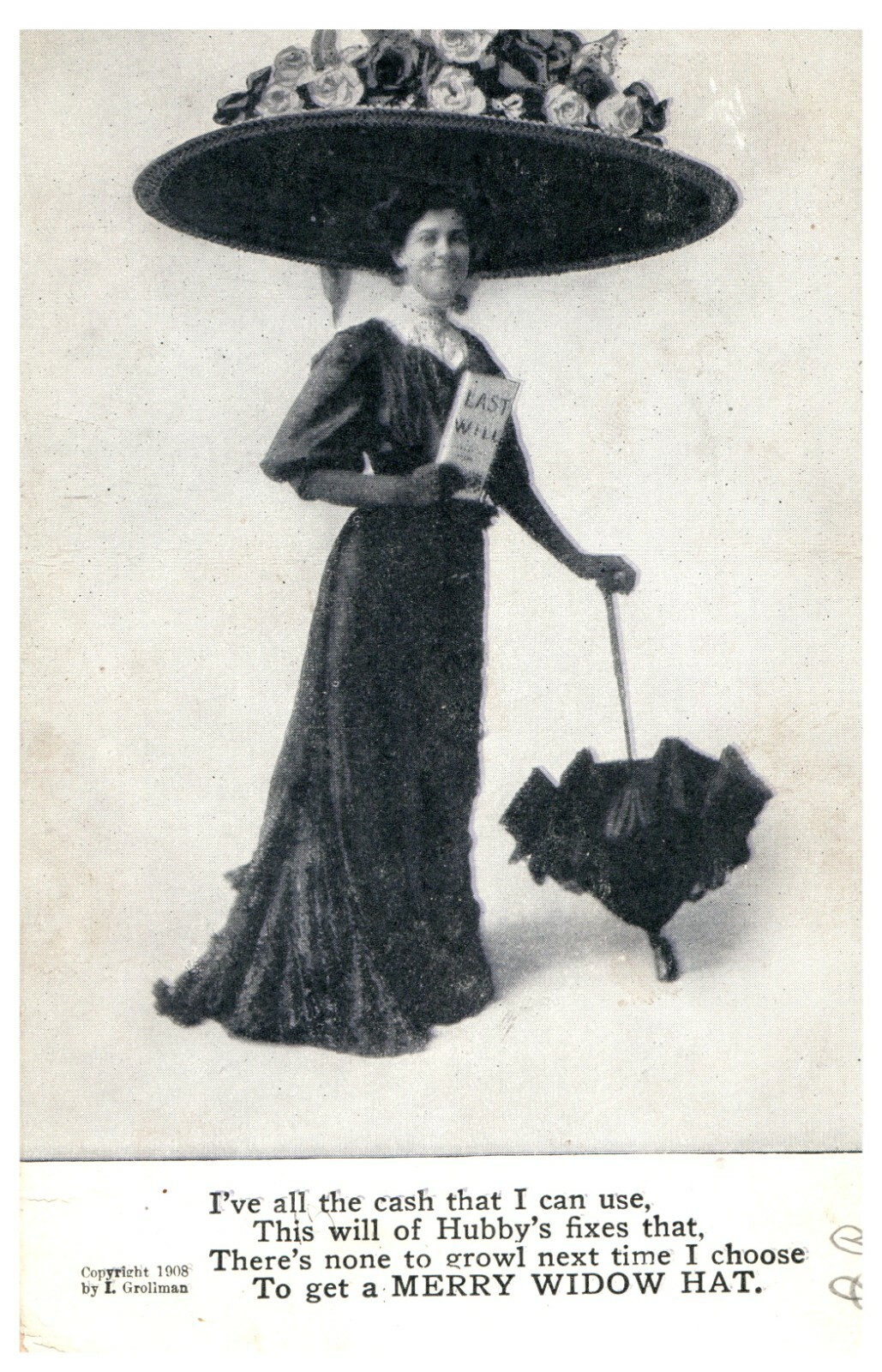 1908 I. Grollman Merry Widow Hat Victorian Lady Poem Antique RPPC B1