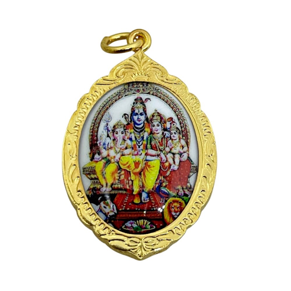 Om Shiva Parvati Ganesha Kartikeya Family Amulet Pendant Gold Plated Frame