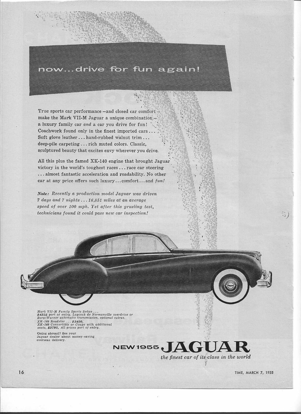 Original 1955 Jaguar Mark VII-M sports sedan vintage print ad:  Drive for fun