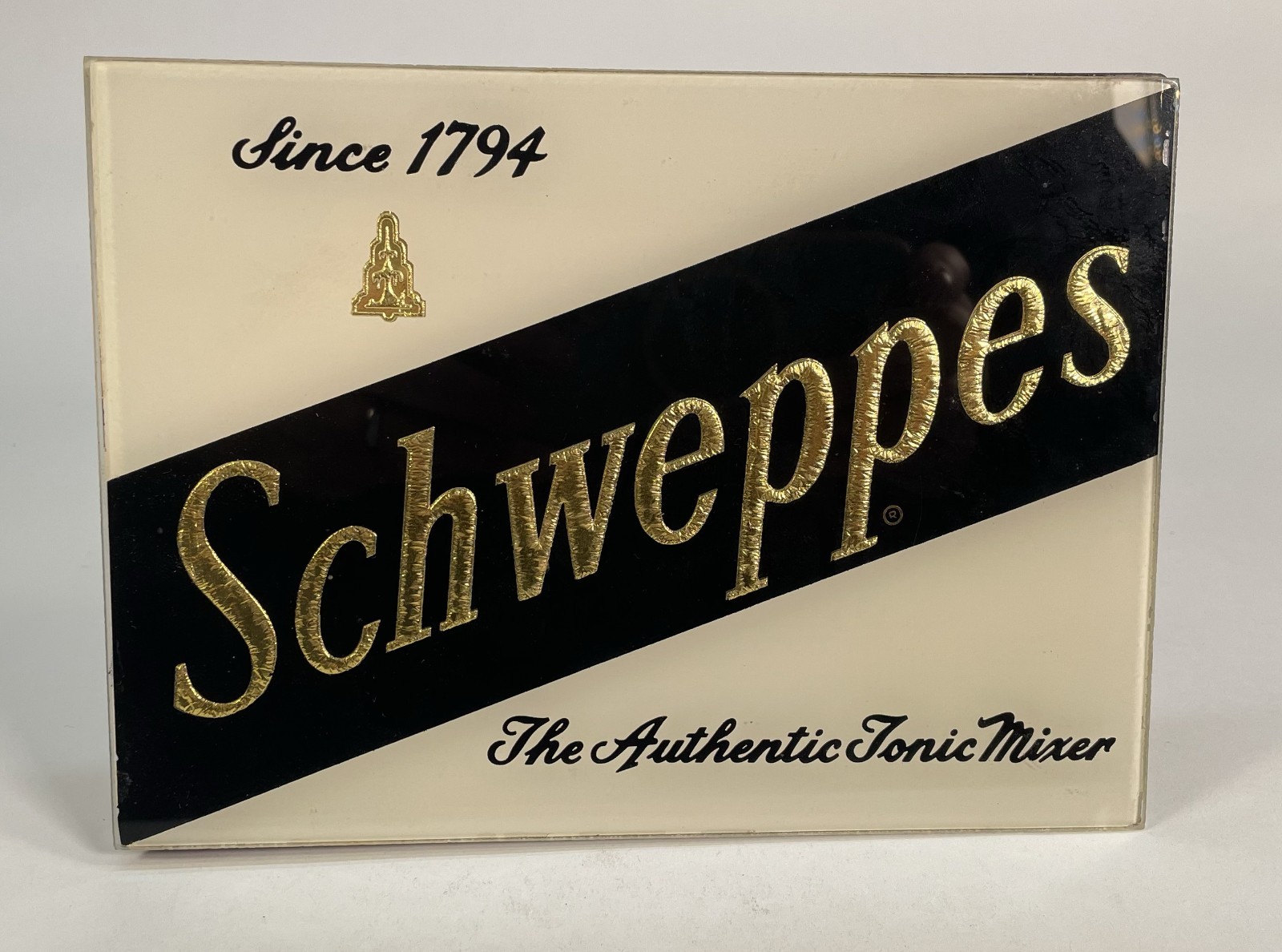Vintage Schweppes Glass Standing Display Sign Plaque for Table or Bar - Mint