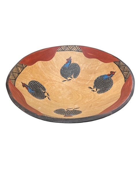 Lg Vintage, handmade, and hand-painted African Wooden Bowl, Guinea Fowl Motif