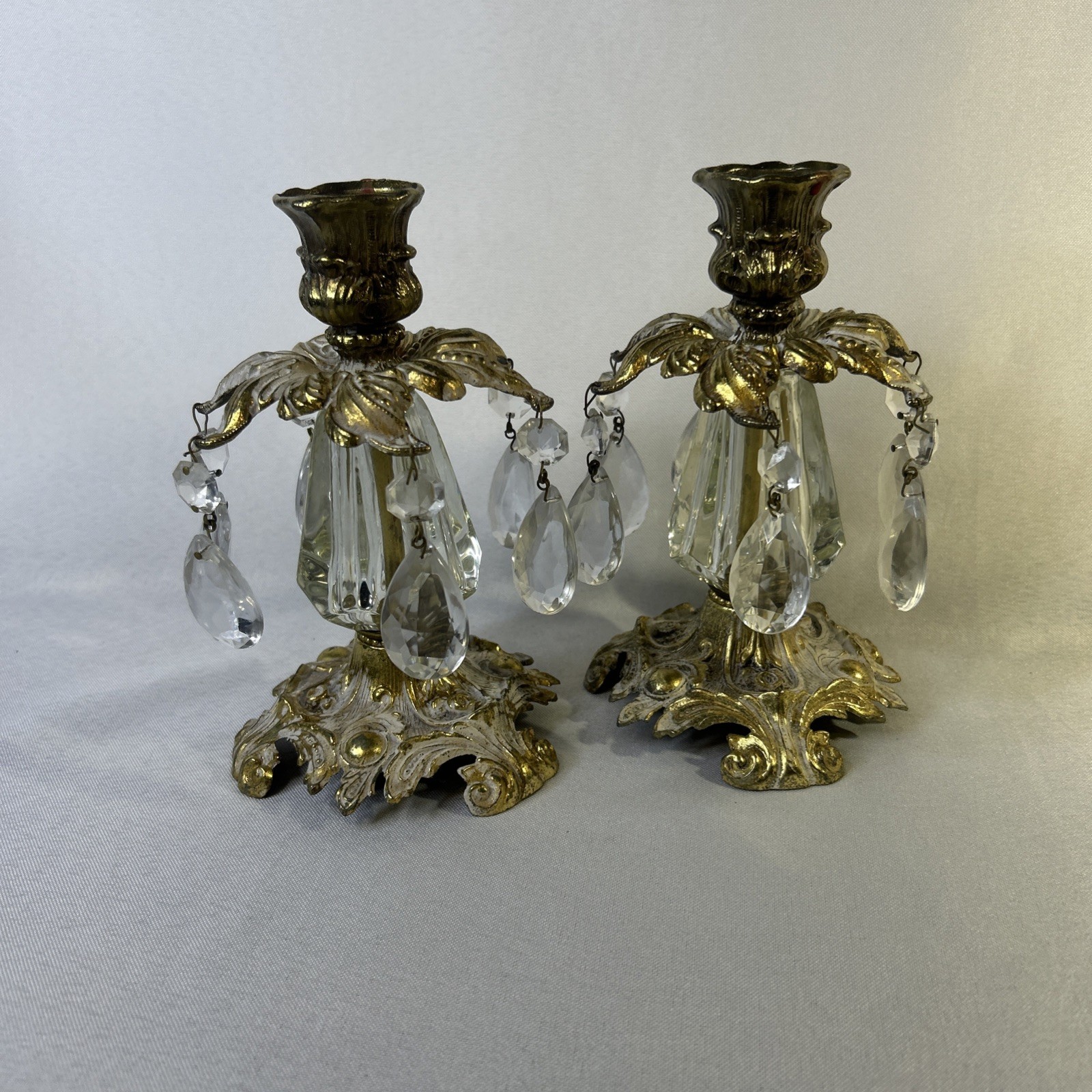 Vintage L&L WMC 1973 Brass Crystal Prisms Candle Stick Holders 9320- Set of 2