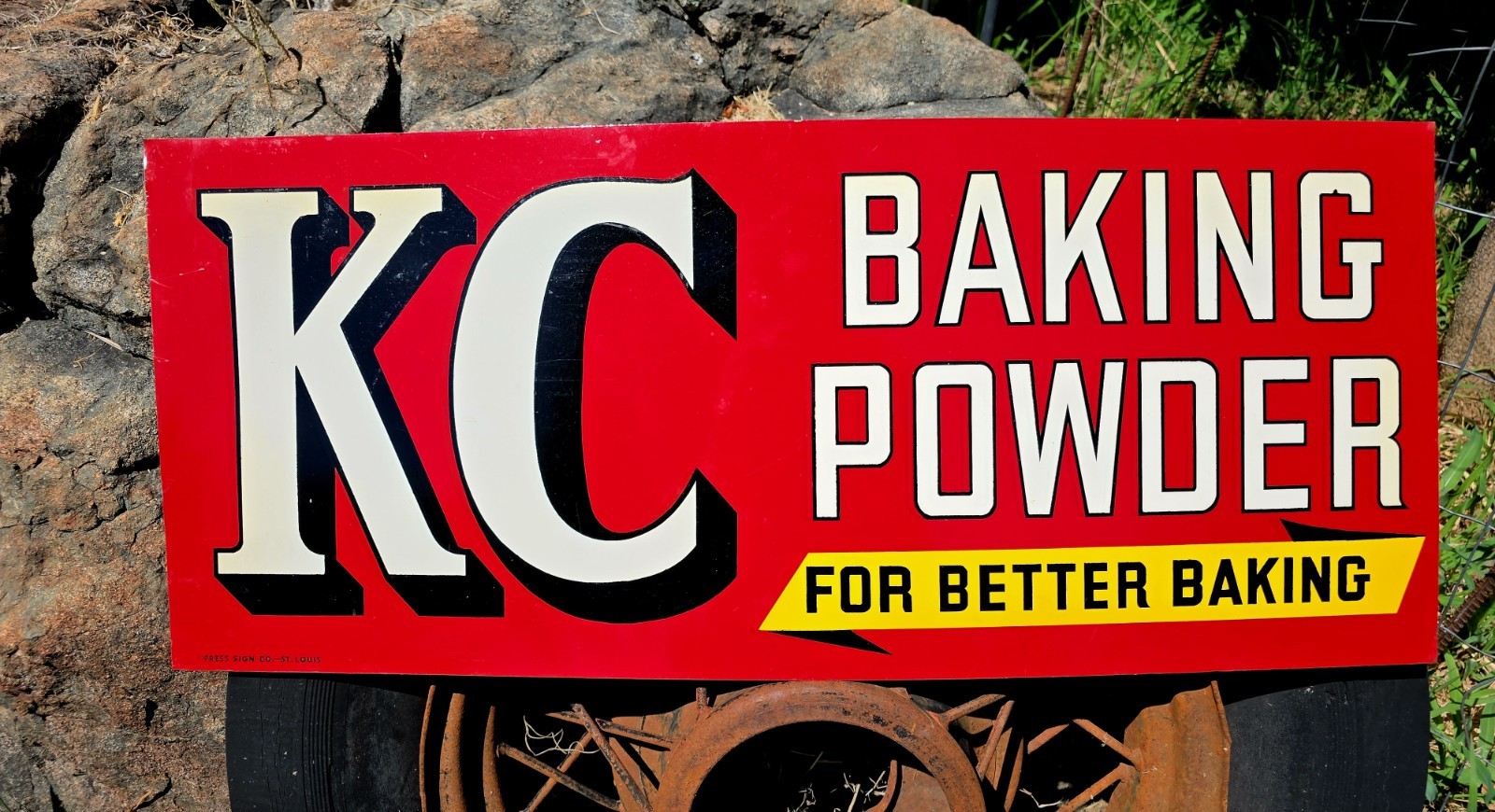 Vintage KC Baking Powder Sign Advertising Metal Press Sign Company Gas Oil Vintage KC Baking Powder Sign Advertising Metal Press Sign Company Gas Oil